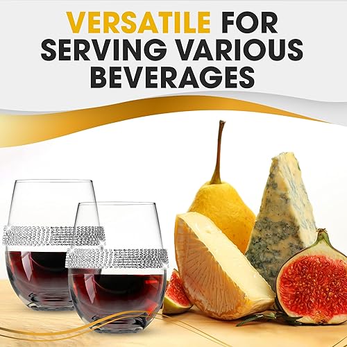 Miniatura 4 de Juego de 2 copas de vino sin tallo de alta calidad, copas de vino de cristal con diseño de diamantes de imitación plateados, 16 onzas