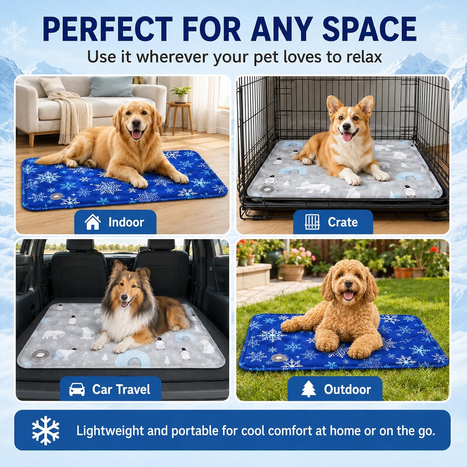 Pet Cooling Mat for Dogs & Cats (24"x20"), Non-Toxic Water-Activated Gel Ice Pad, Scratch Resistant & Leakproof Summer Dog Bed, Washable Seat Cushion for Pet, Sofa, Car (Snowflake Patterns)