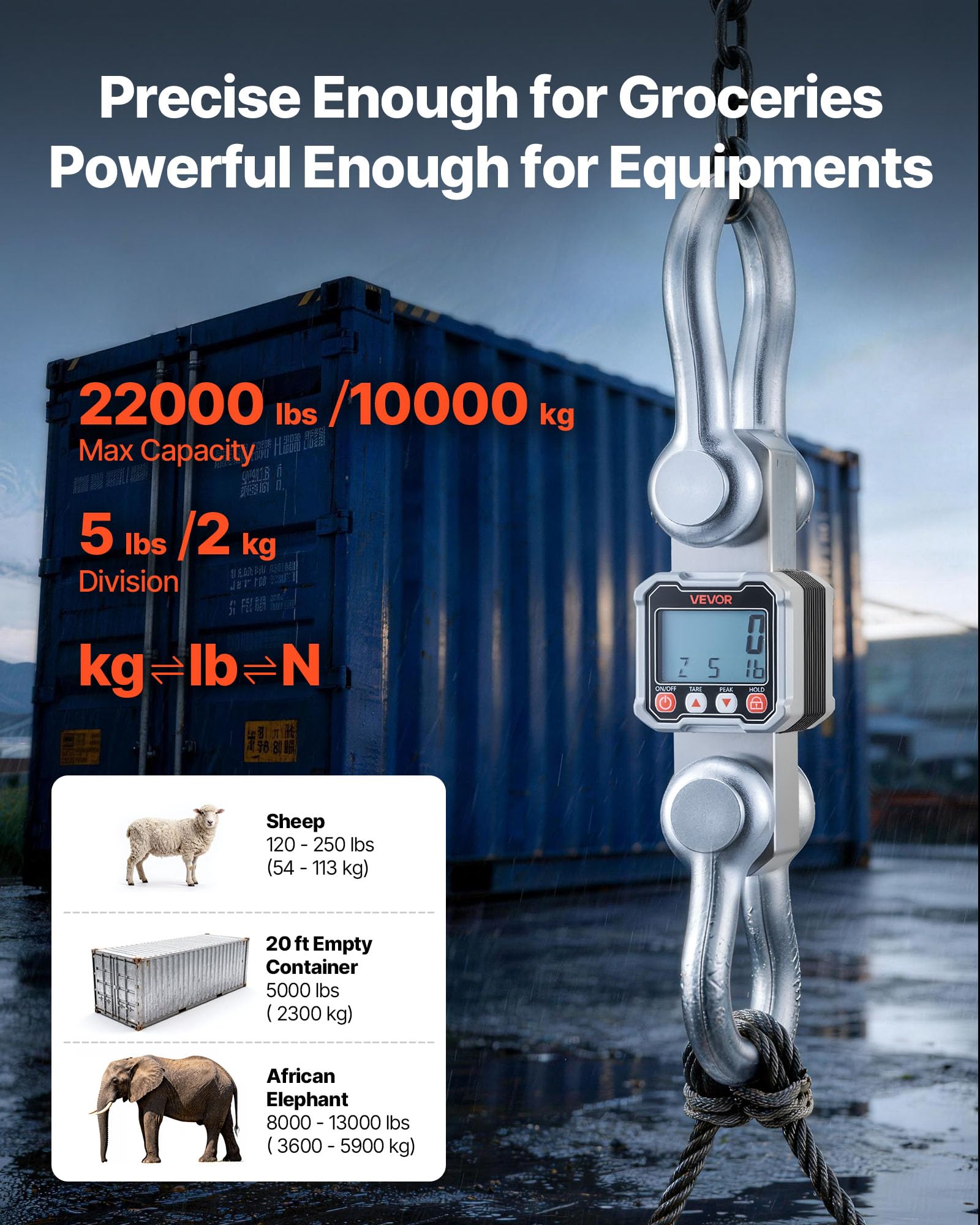 VEVOR Balance à Grue Numérique 10000 kg Balance Suspendue Industrielle Précision 2 kg Peson Électronique pour Usines Entrepôts Fermes, Écran LCD, 3 Unités, avec Boîtier Aluminium Moulé, Télécommande
