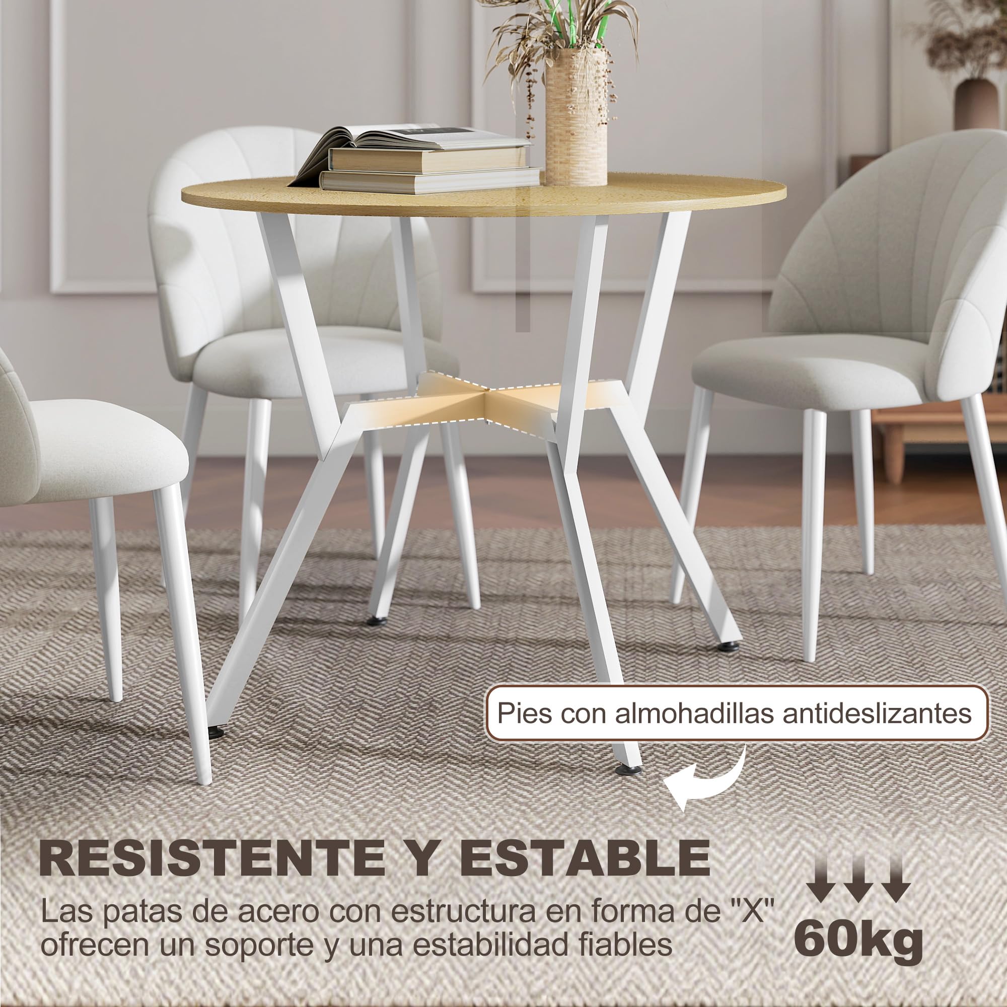 HOMCOM Mesa de Comedor Redonda para 2-4 Personas, Mesa de Cocina Industrial, Patas Curvadas de Acero, para Salón, 90x90x76 cm, Natural y Blanco