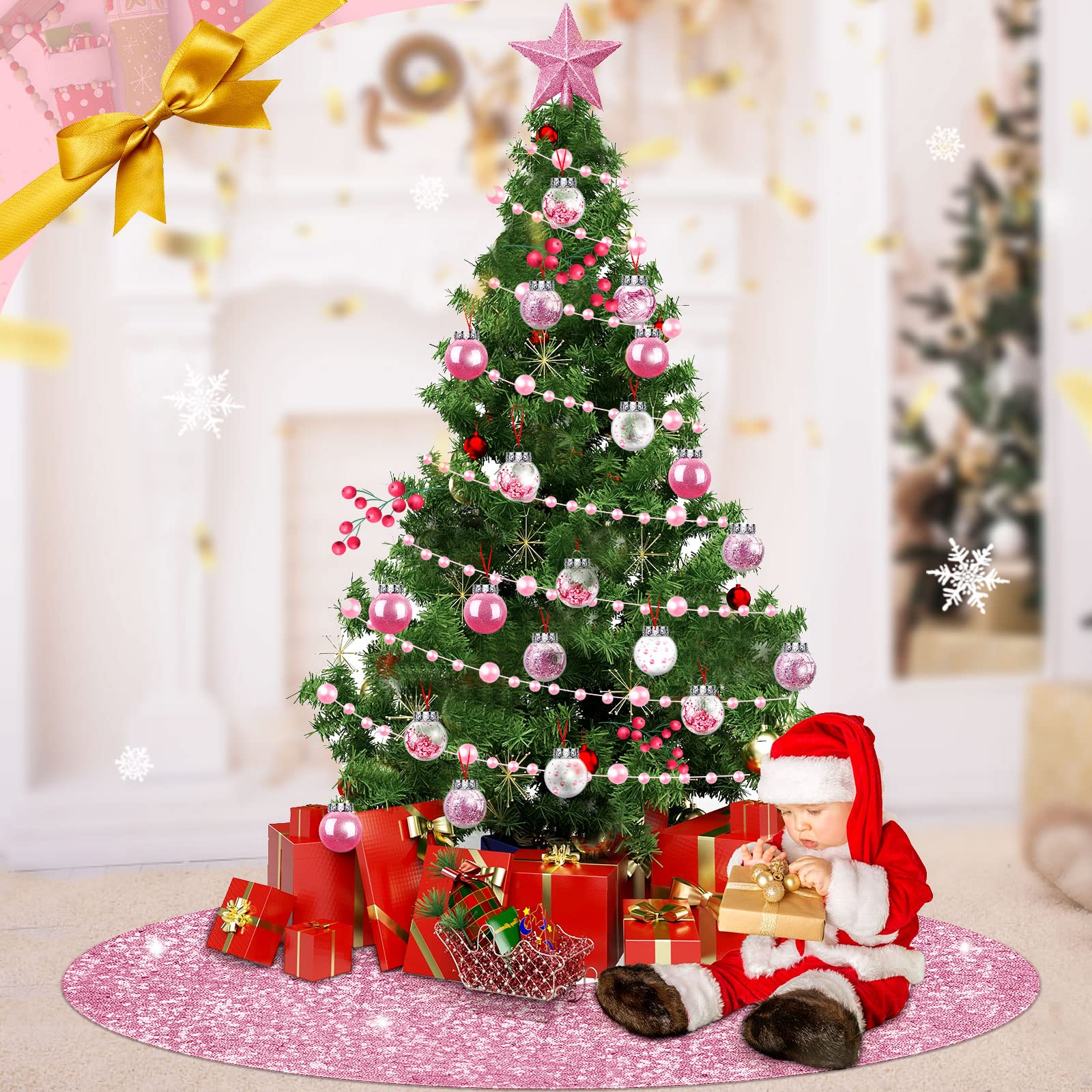Set de 33 Pcs Décorations de Sapin de Noël Rose Jupe de Sapin de Noël Paillettes Topper d'arbre Étoile de Noël Paillettes Ornements de Boule Noël Suspendus Guirlandes de Chaînes de Perles