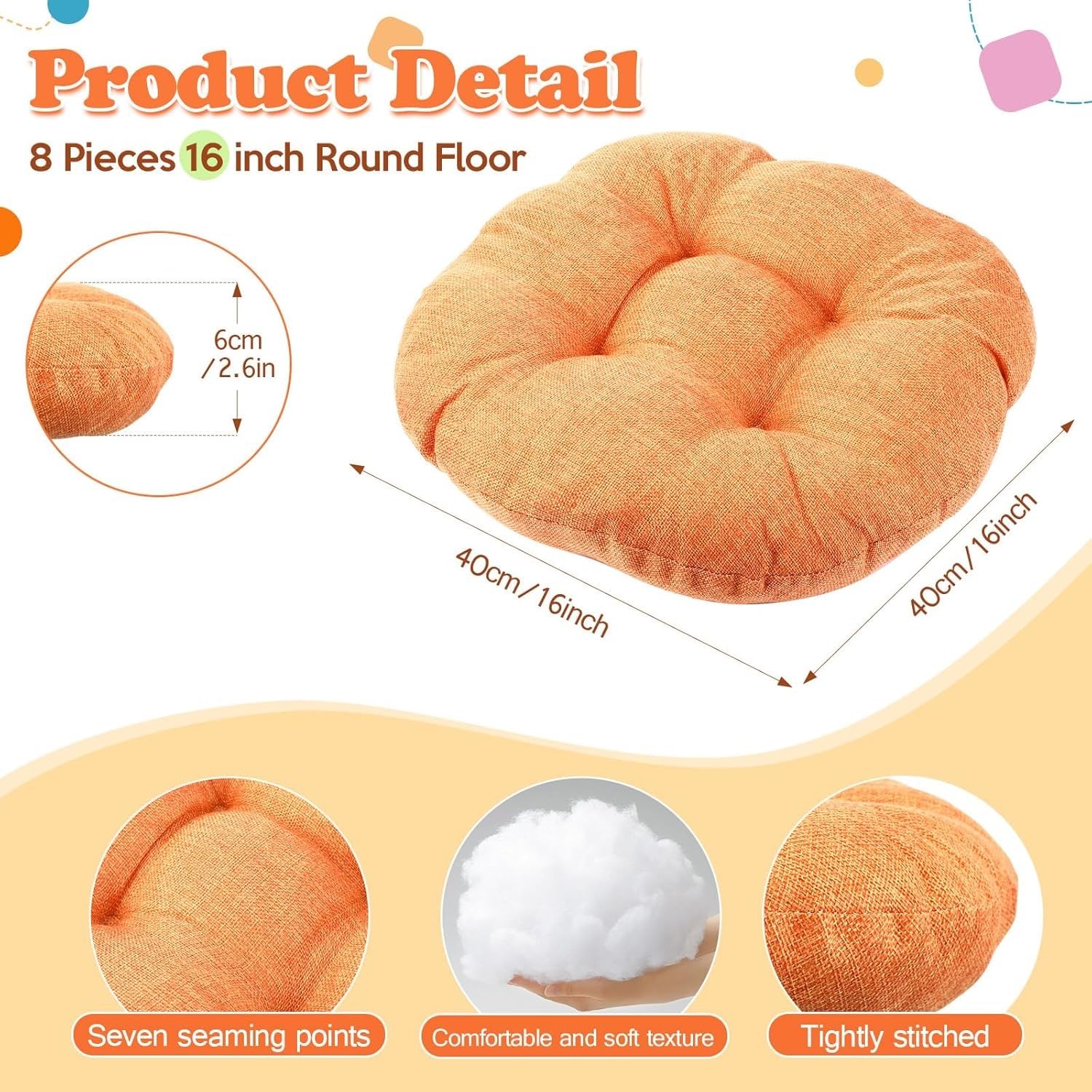 8 Cojines Redondos de 40 cm para niños y bebés; Cojines de Suelo Flexibles para aulas, Ideales para el hogar, guarderías, centros de educación Infantil, Yoga y meditación(Orange)