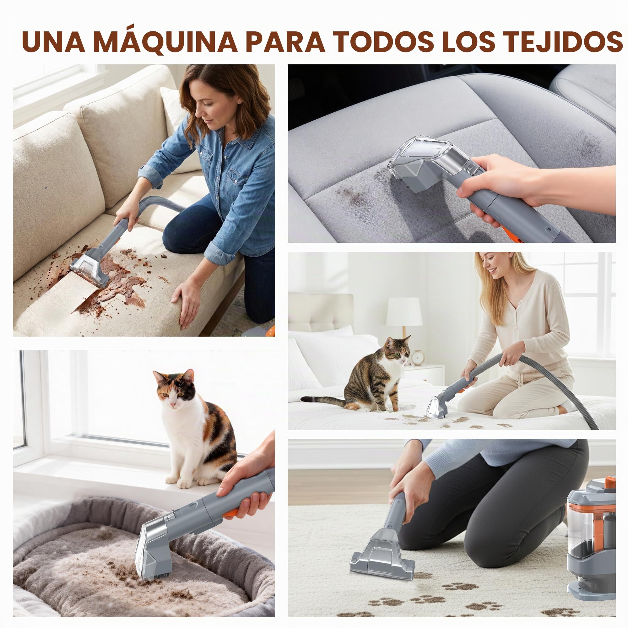 Limpiador de Tapicerías 450W 13kPa, Aspiradora de Agua para Tapicería y Sofá, Máquina para Limpiar Sofás, Alfombras y Colchones, con 3 Cepillos y Doble Depósito Autolimpiable, Portátil 2,6kg