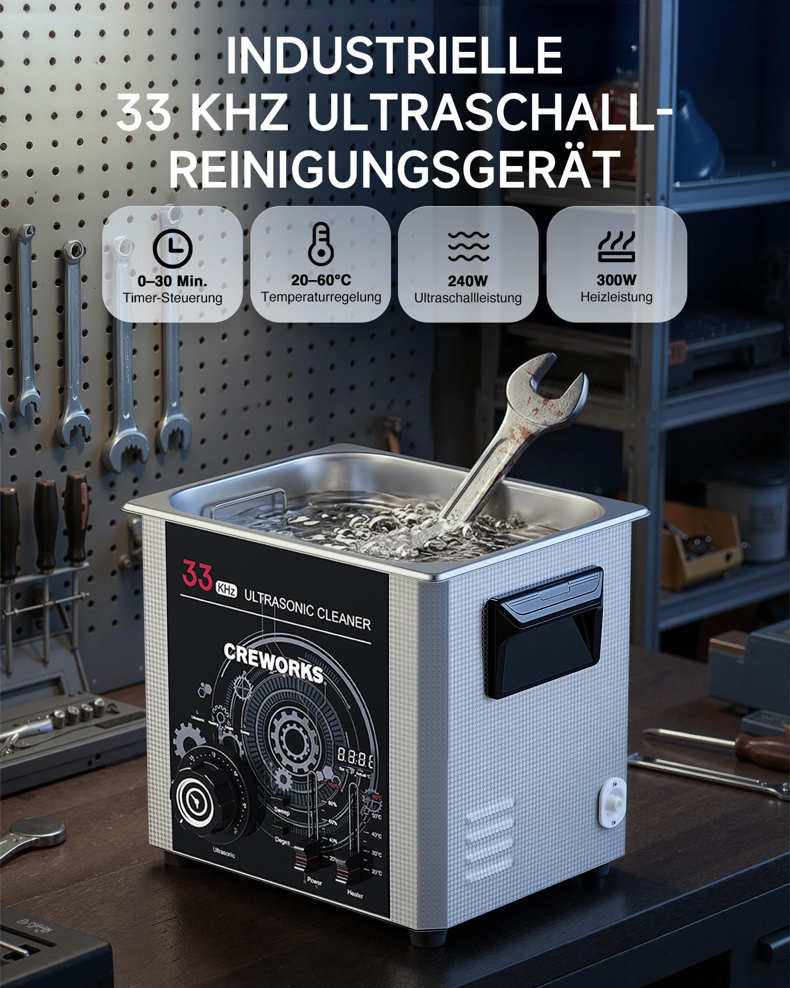 CREWORKS 10L Ultraschallreinigungsgerät 33kHz 240W Teilereinigungsgerät | SUS304 Tank 33kHz Industrielle Frequenz, Sweep & Degas 300W Heizung & Timer für Autoteile, Werkstatt, Labor & Werkzeuge