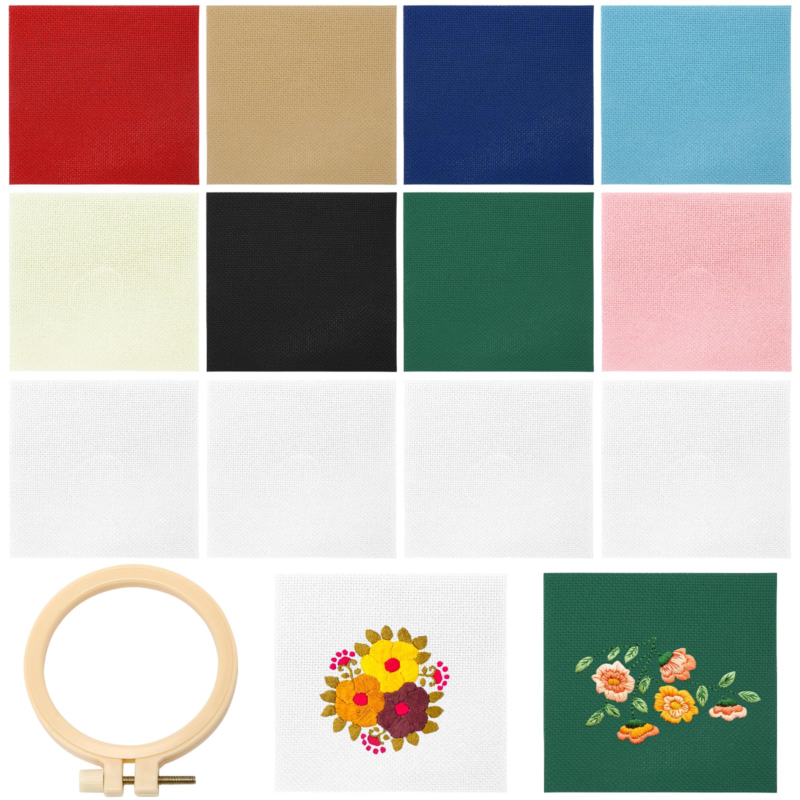 12 Pcs Cross Stitch Fabric 14 Count, Assorted Colour Cotton Cross Stitch Aida with 9cm Embroidery Hoops, 15x15cm Embroidery Fabric Squares for Sewing, Crafting