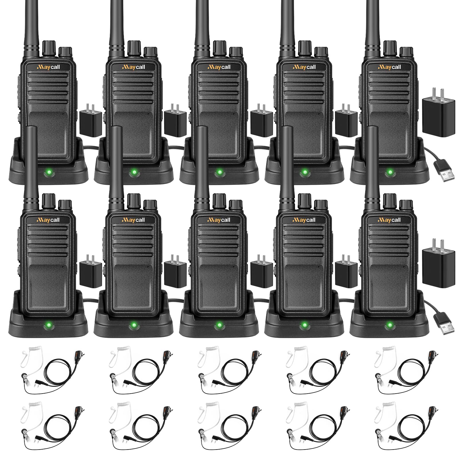 Maycall MC-528 10 Pack Walkie Talkies for Adults, Two Way Radios Long Range, 2 Way Radio with Earpiece, 1200mAh Battery, Rechargeable with Charging Base Hands Free, for Restaurant Business School