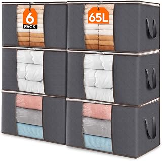 Lifewit 6 Pieces Storage Bag Storage Box with Lid Closet Organizer Foldable Clothes Storage Moving Boxes with Reinforced Handle for Duvets Clothes Blanket, Grey | Förvaringslåda med lock, flyttlådor, garderob för täcken, kläder, undersäng, garderob, grå