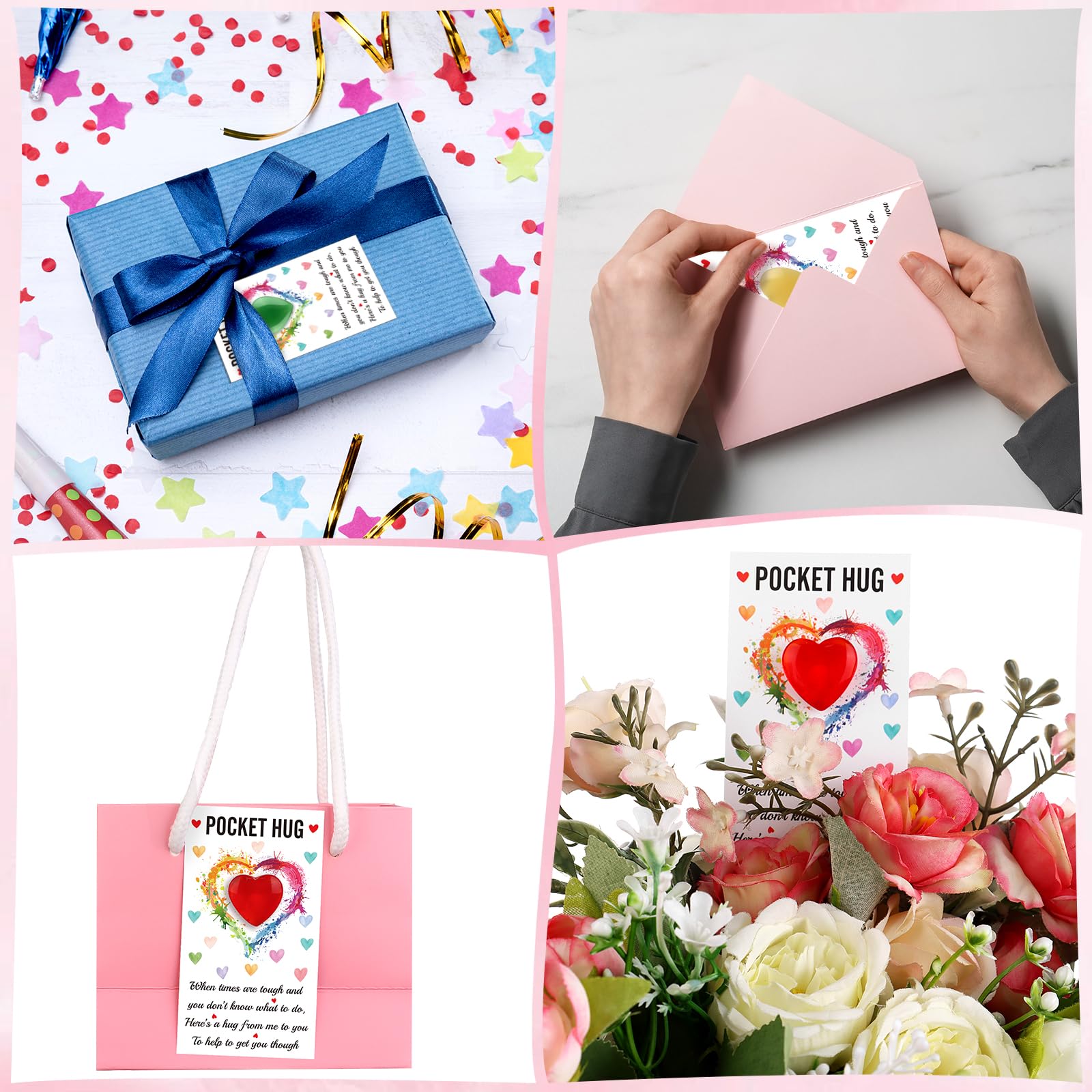 RUIYELE 18 Sets Pocket Hug Gift Pocket Hug Token Bulk Natural Heart Crystals with Hug Cards Organza Bags Inspirational Greeting Cards Exchange Gift for Women Friends Colleagues Family - Image 4