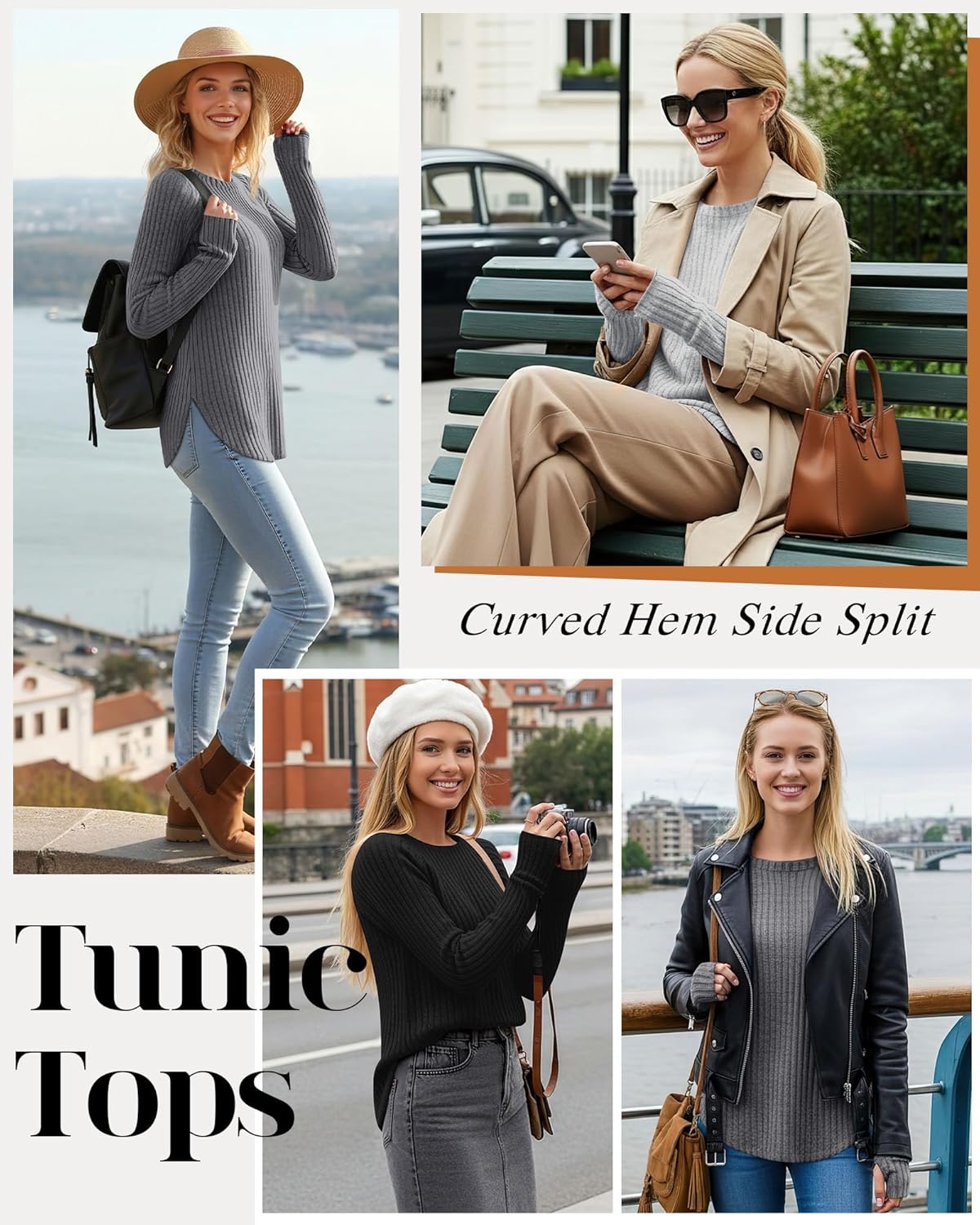 Riyiper 3 Pack Women's Long Sleeve Sweaters with Thumb Hole, Tunic Tops Ribbed Curved Hem Side Split Crew Neck Loose Shirts - Image 2