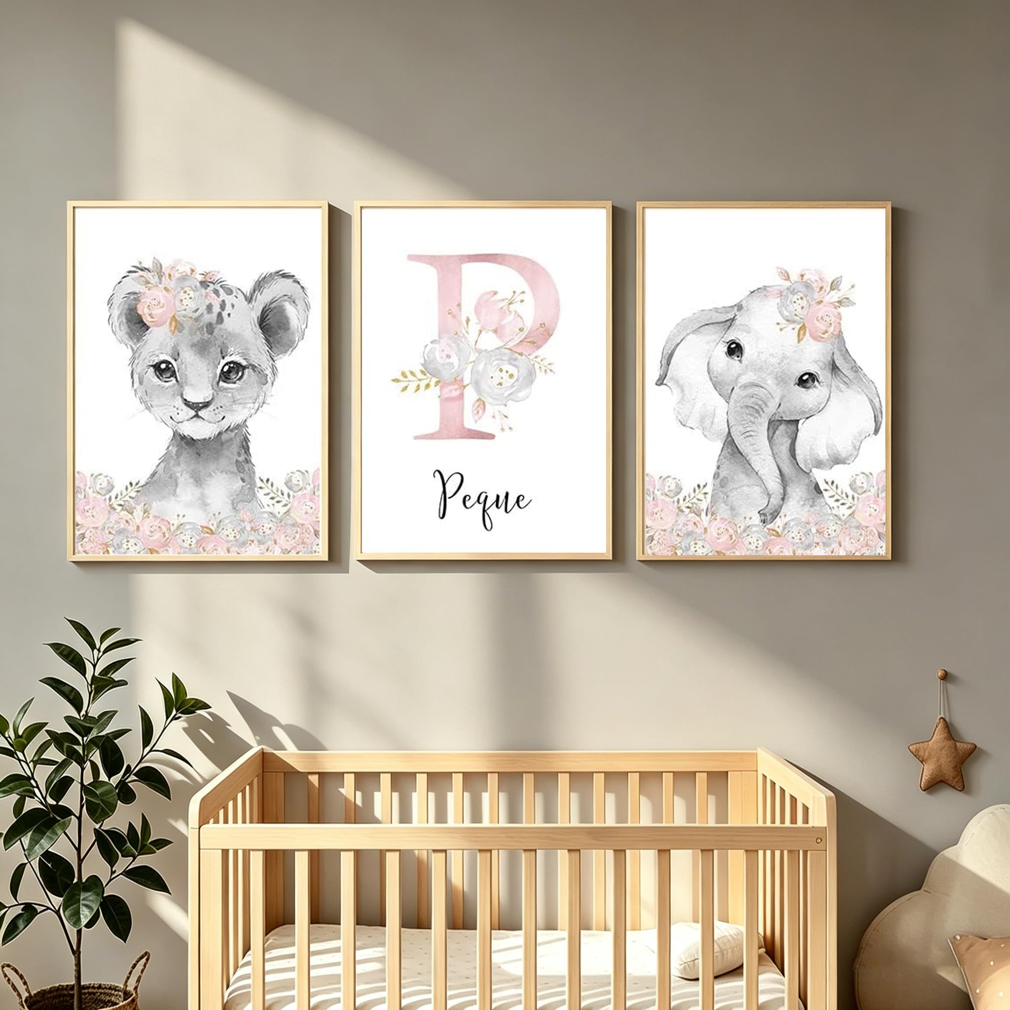 Youihom 3 Affiche Prenom Bebe Tableau Safari Elephant Lion Posters Personnalisé Garcon Fille Décoration Chambre Murale Toile Enfant Cadeau 30 x 40 cm sans Cadre