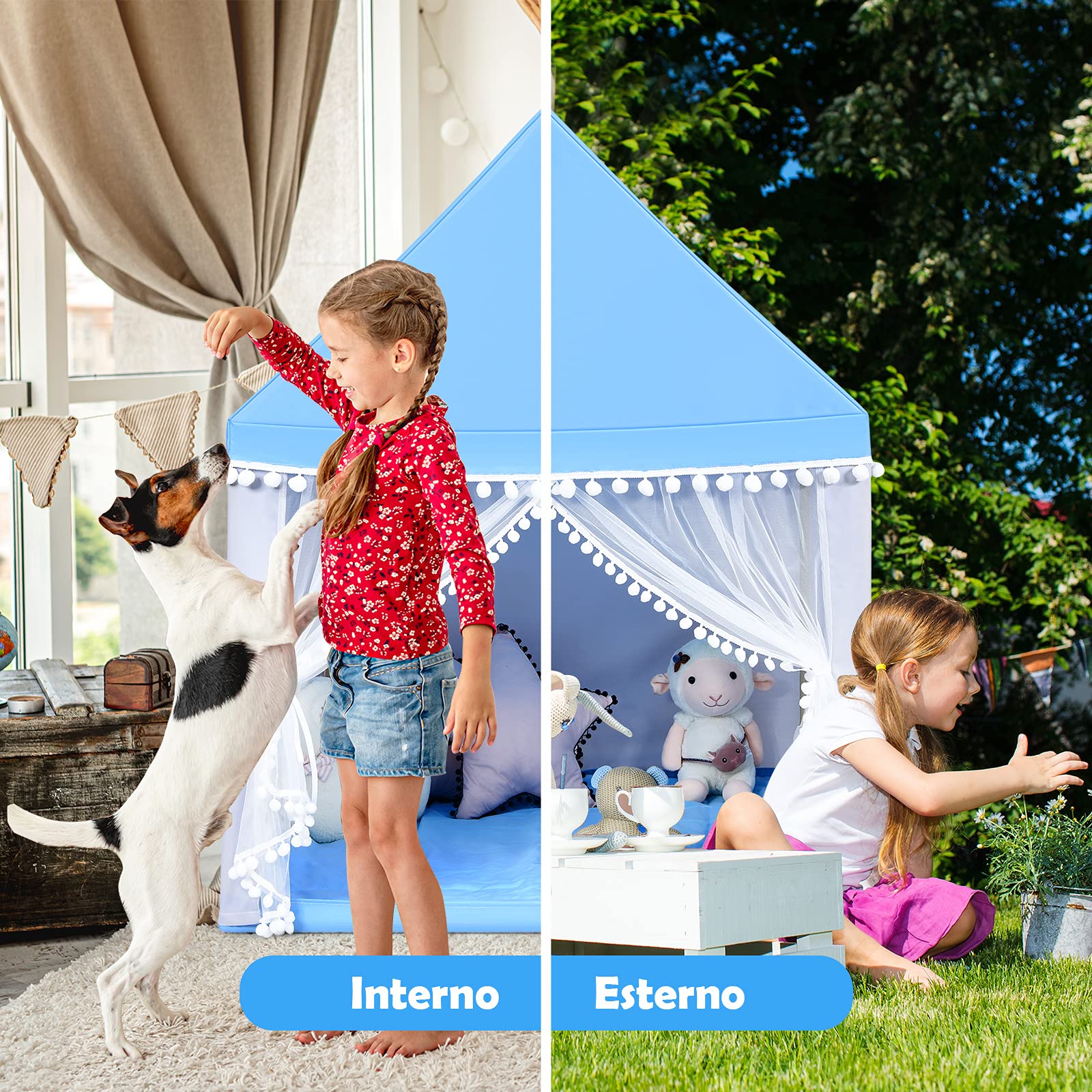 GYMAX Tenda per Bambini, Castello Giocattolo con Materasso Lavabile e Struttura in Legno Massello, Casetta per Bambini da Interno ed Esterno, Regalo di Compleanno o Natale (Blu)