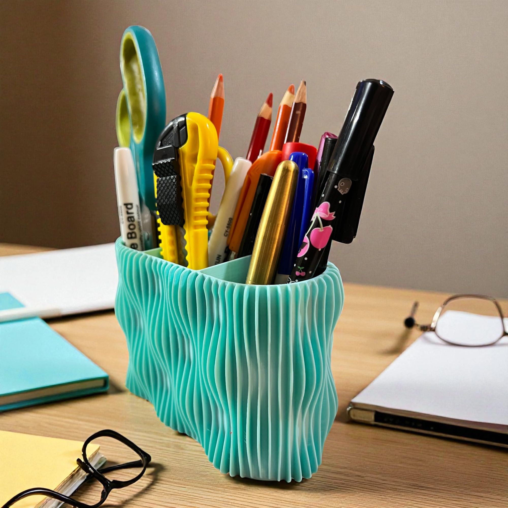 Sentosa Modern Wave Design Pen Stand Organizer - Multi-Compartment Desk Organizer for Office, Home & Study Table | Stylish Stationery Holder for Pens, Pencils, Scissors, Etc (Teal Blue) 1