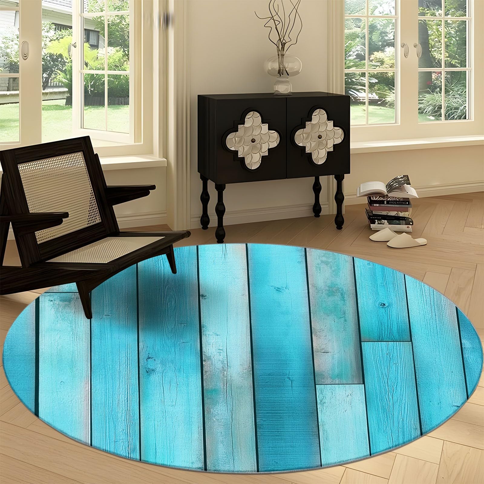 Alfombra redonda de interior azul verde estampada antideslizante y lavable, 180 cm, tabla de madera, estilo campestre, alfombra antideslizante y resistente, alfombra redonda de pelo corto suave para