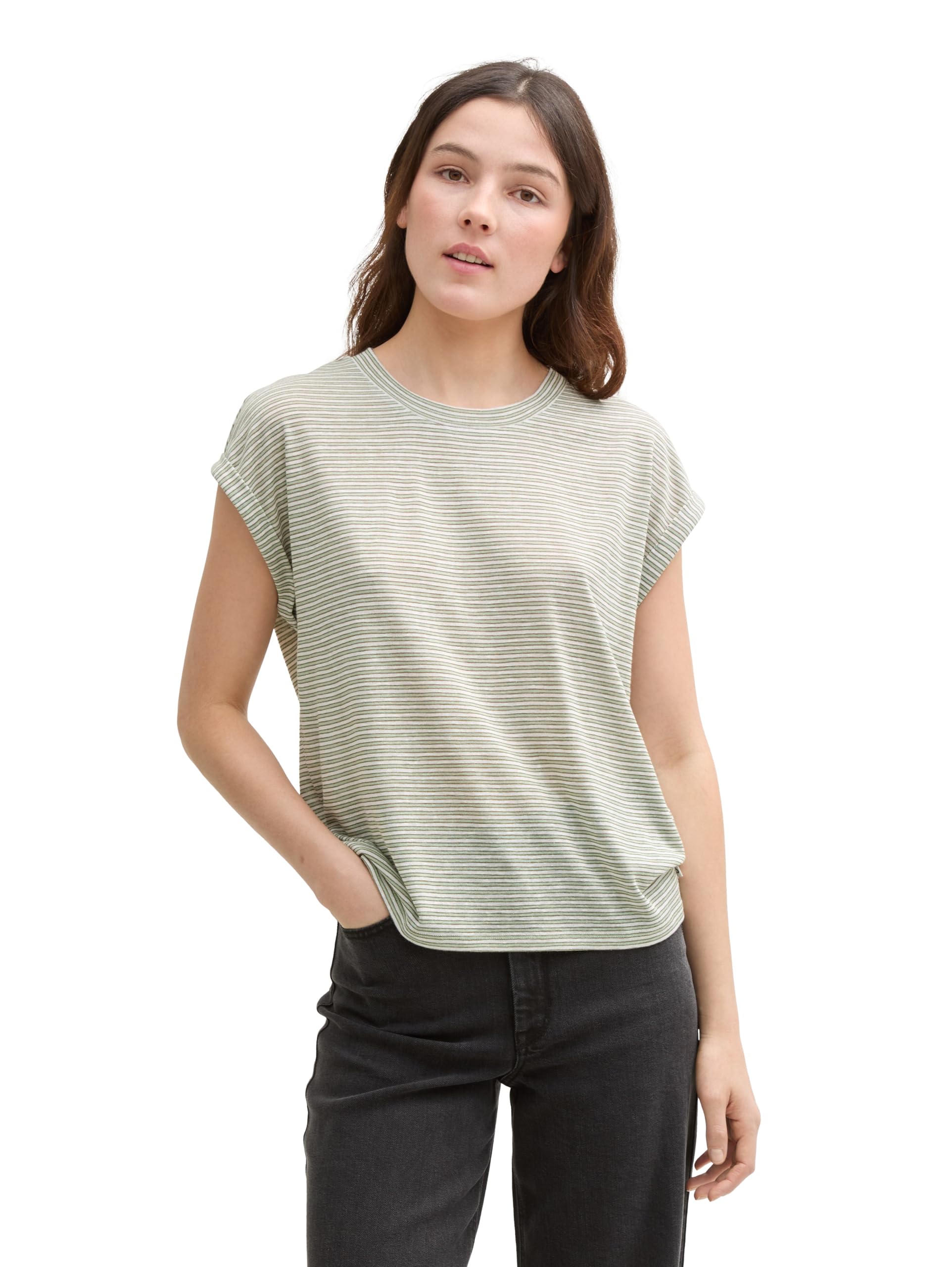 TOM TAILOR Denim Women's Striped T-Shirt, 37814 - Green White Stripe, M