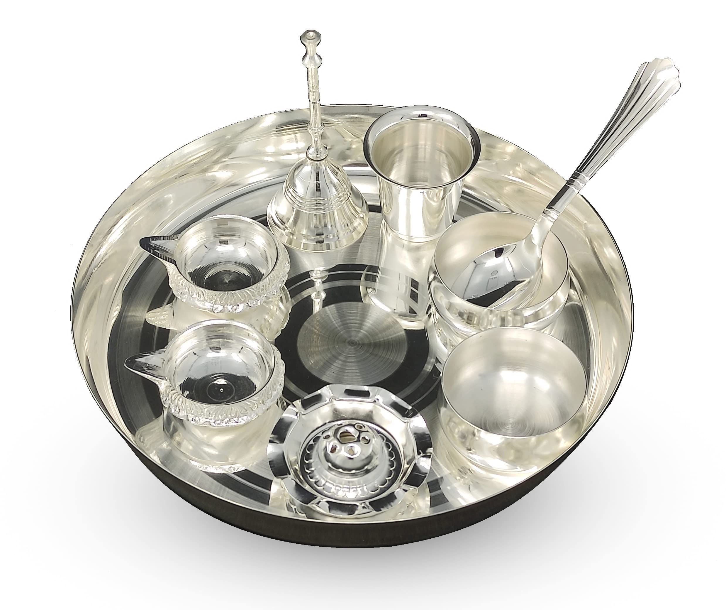 BENGALEN Silver Plated Pooja Thali Set 8 Inch Premium with Kuber Diya Dhup Dani Bowl Spoon Glass Ghanti for Puja, Diwali, Home, Temple, Office, Wedding Return Gift Items