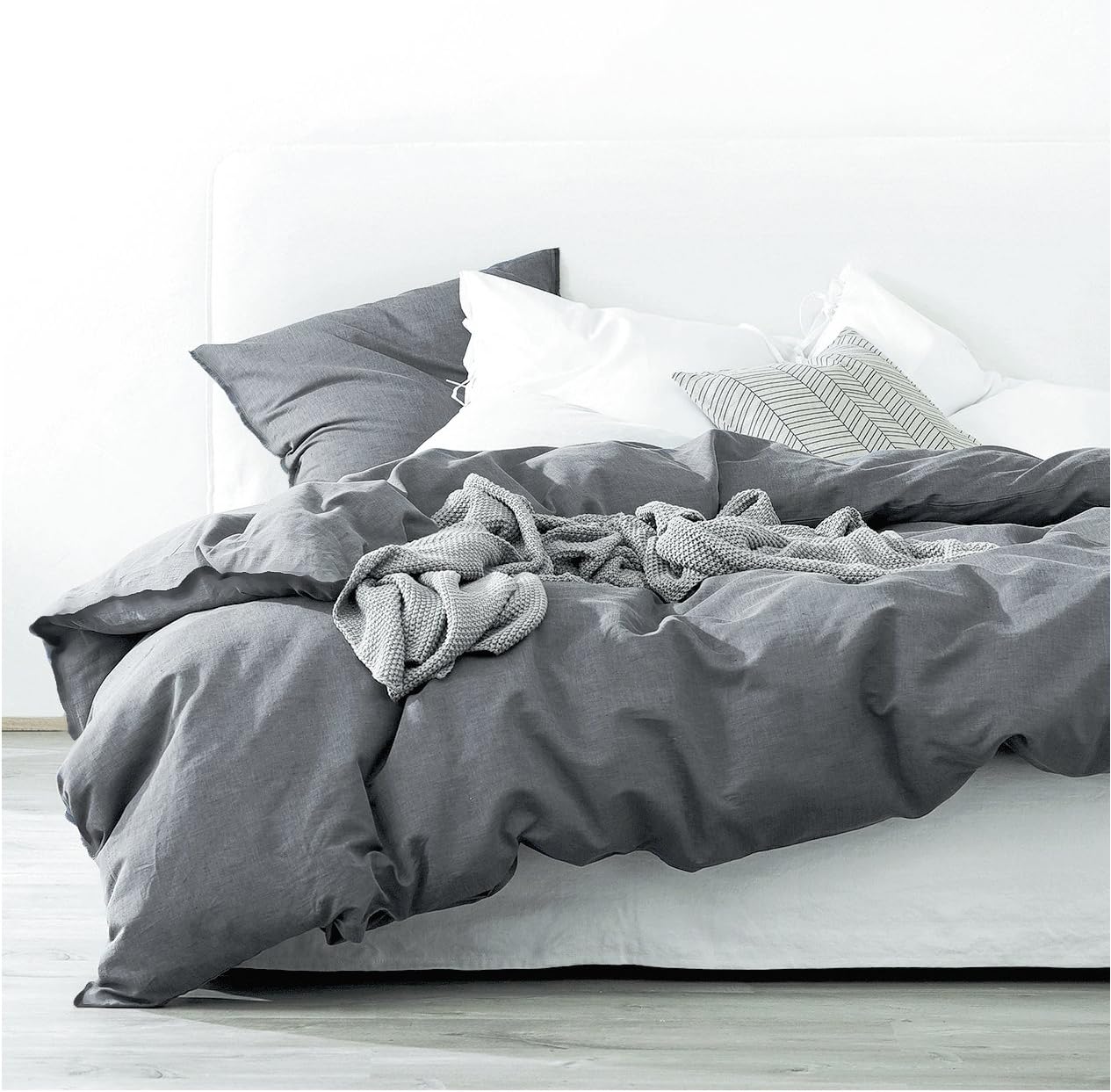 Eikei Washed Cotton Chambray Duvet Cover Solid Color Casual Modern Style Bedding Set Relaxed Soft Feel Natural Wrinkled Look,3 pcs (Queen, Charcoal)
