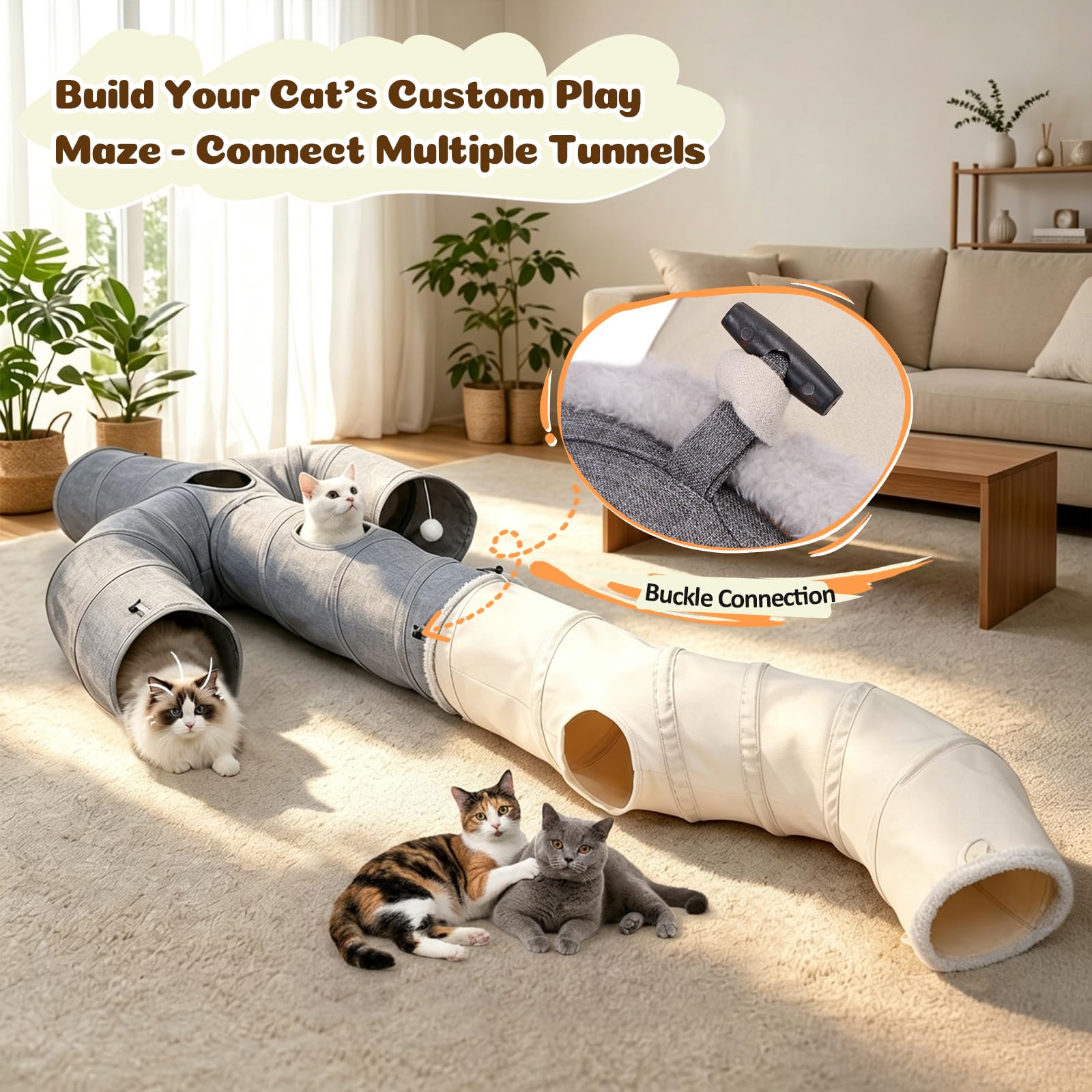 Ownpets Tunnel per gatti a forma di S con palline sospese, 30 x 125 cm, tubo pieghevole a 2 vie per gattini | Tessuto scamosciato, tunnel extra largo 30 cm, adatto a gatti di tutte le dimensioni, per interni ed esterni