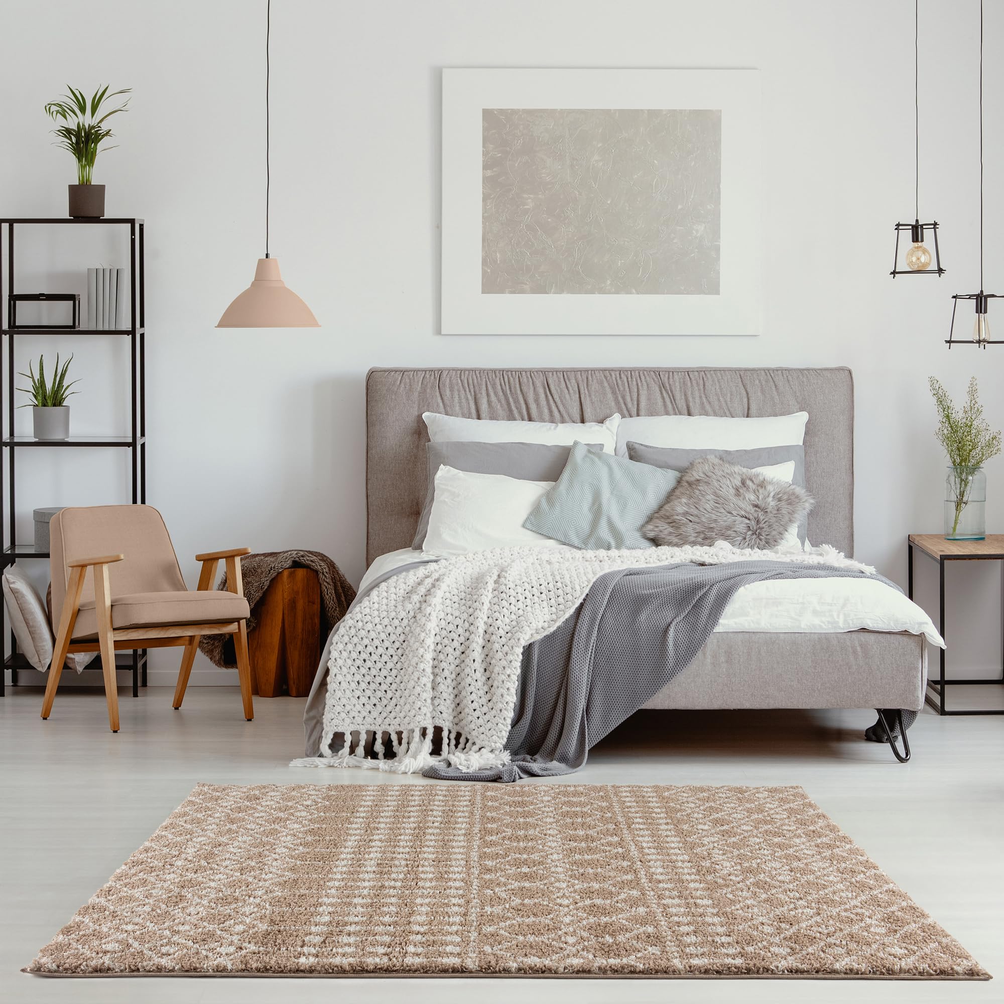 THE RUGS Modern Moroccan Design Living Room and Bedroom Rugs, Non-Shedding & Easy Care (Moroccan Beige/Ivory, 120x170 cm) - Image 4
