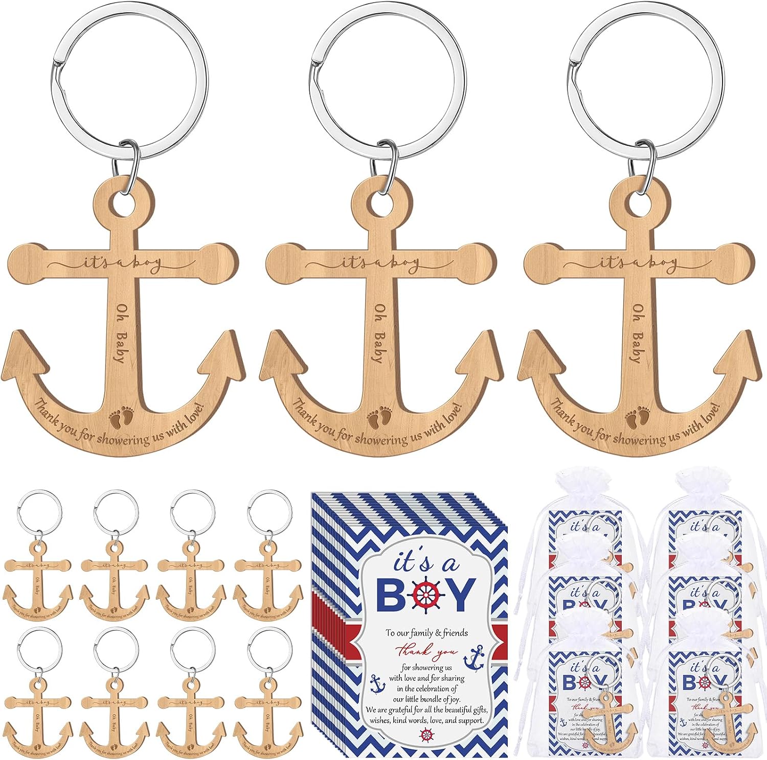 Menkxi 50 Set It's a Boy Anchor Keychain 50 Nautical Baby Shower Thank You Cards and Organza Bags for Baby Shower Nautical Party Gifts Ocean Wedding Favors