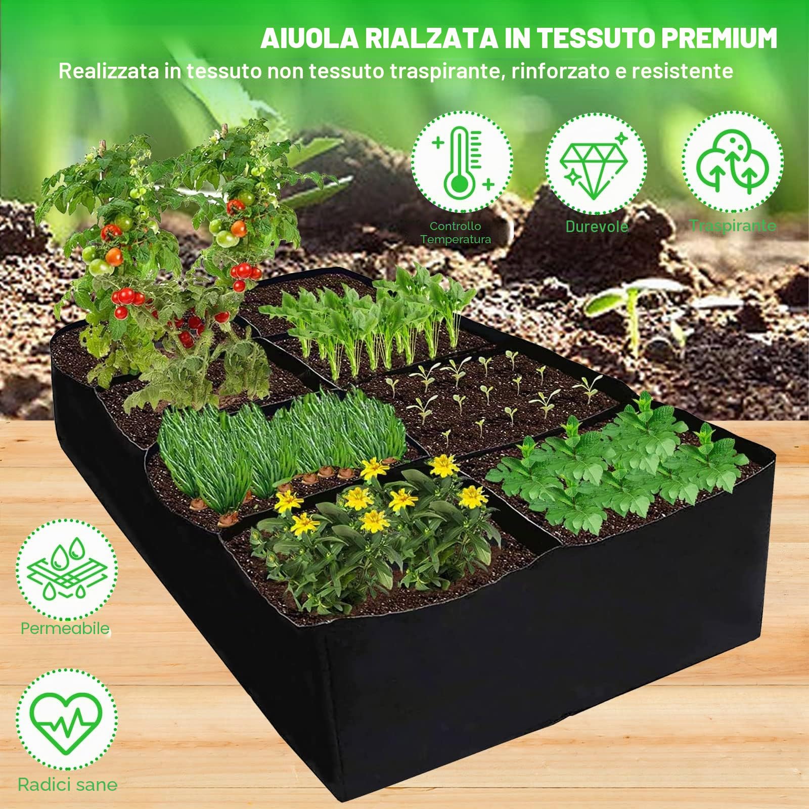 GAESHOW 2 Pezzi Cassoni Orto in Terrazzo con 8 Scomparti, Letto da Giardino Rialzato in Tessuto, Fioriera da Esterno di Traspirante, Orto Rialzato, Sacchi per Piante per Fragole Pomodori