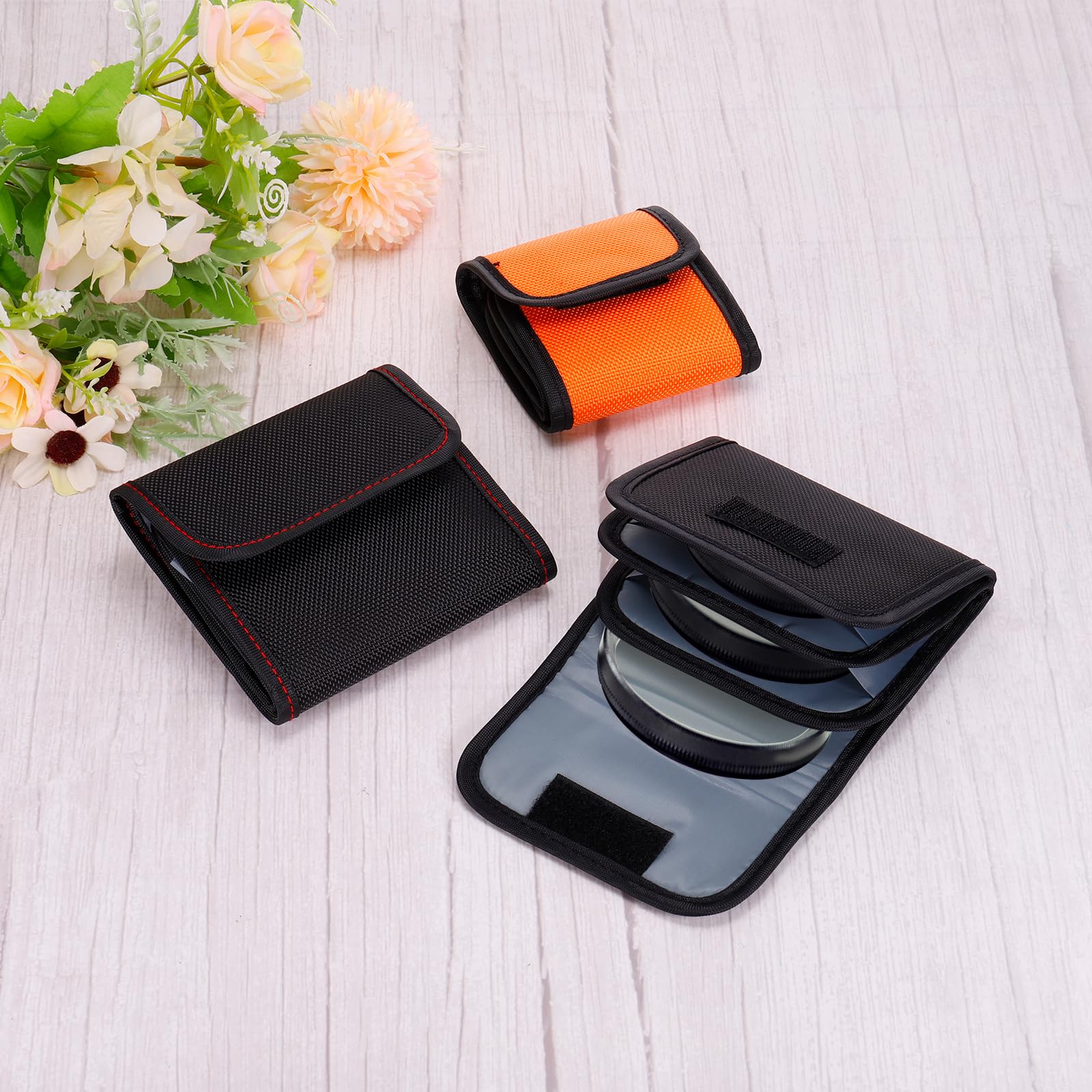 Patikil 58mm Custodia Fotocamera, 4 Tasche, Resistente Acqua e Polvere, Filtro Borsa per Trasporto e Conservazione, Arancione