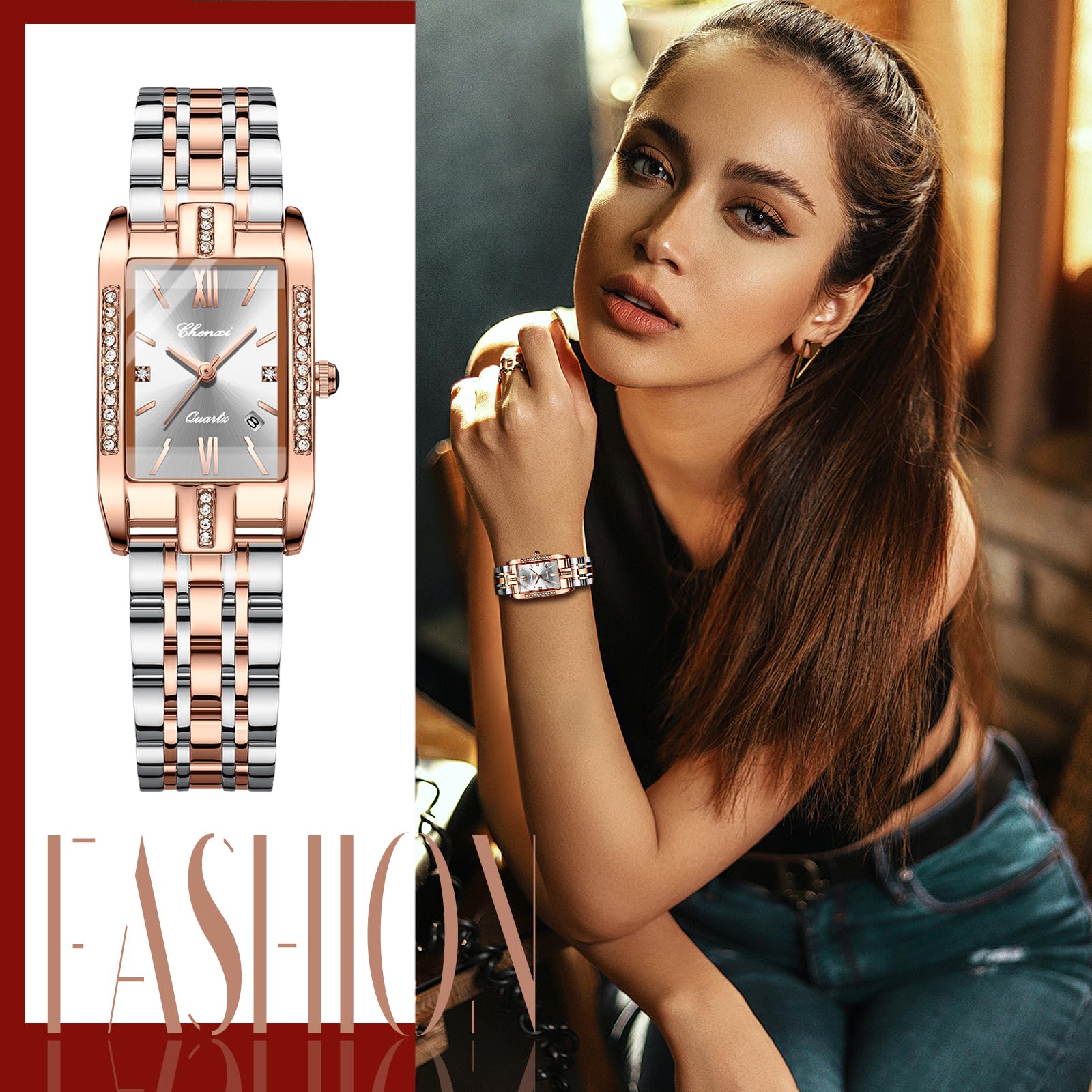 OIDEA Rechteckige Analoguhr für Damen: Quarzuhr mit Strasssteinen für Damen, Armband aus Edelstahl, abnehmbar, für Freizeit, Business, Geschenk
