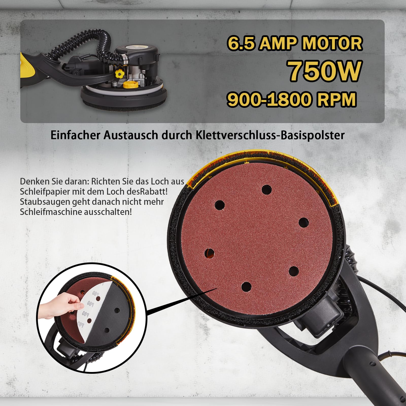 Trockenbauschleifer, 750W Wandschleifer mit Automatischem Vakuumsystem und Ø 214mm Schleifgiraffe inkl Absaugbeutel LED-Licht, 7-Gang Getriebe, 900-1800RPM Deckenschleifer, Faltbarem Griff