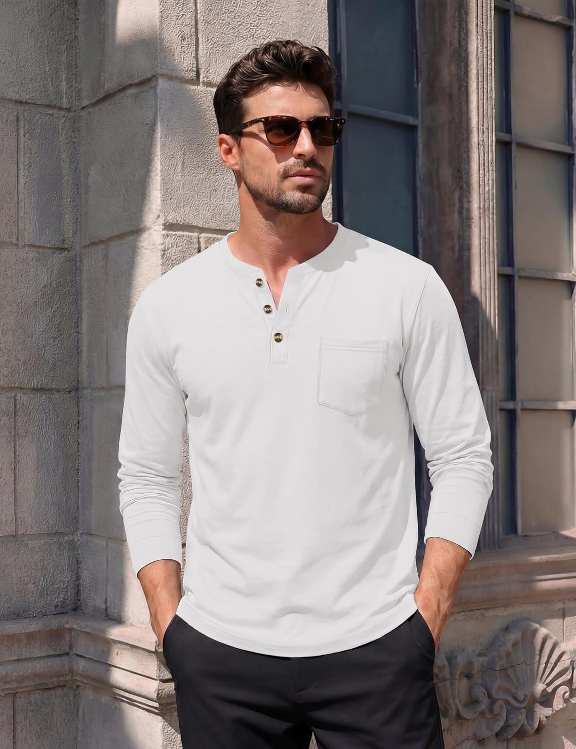 MAGCOMSEN Men's Henley Long Sleeve Shirt Cotton Lightweight Tee Shirts Casual Basic Tees with Pocket