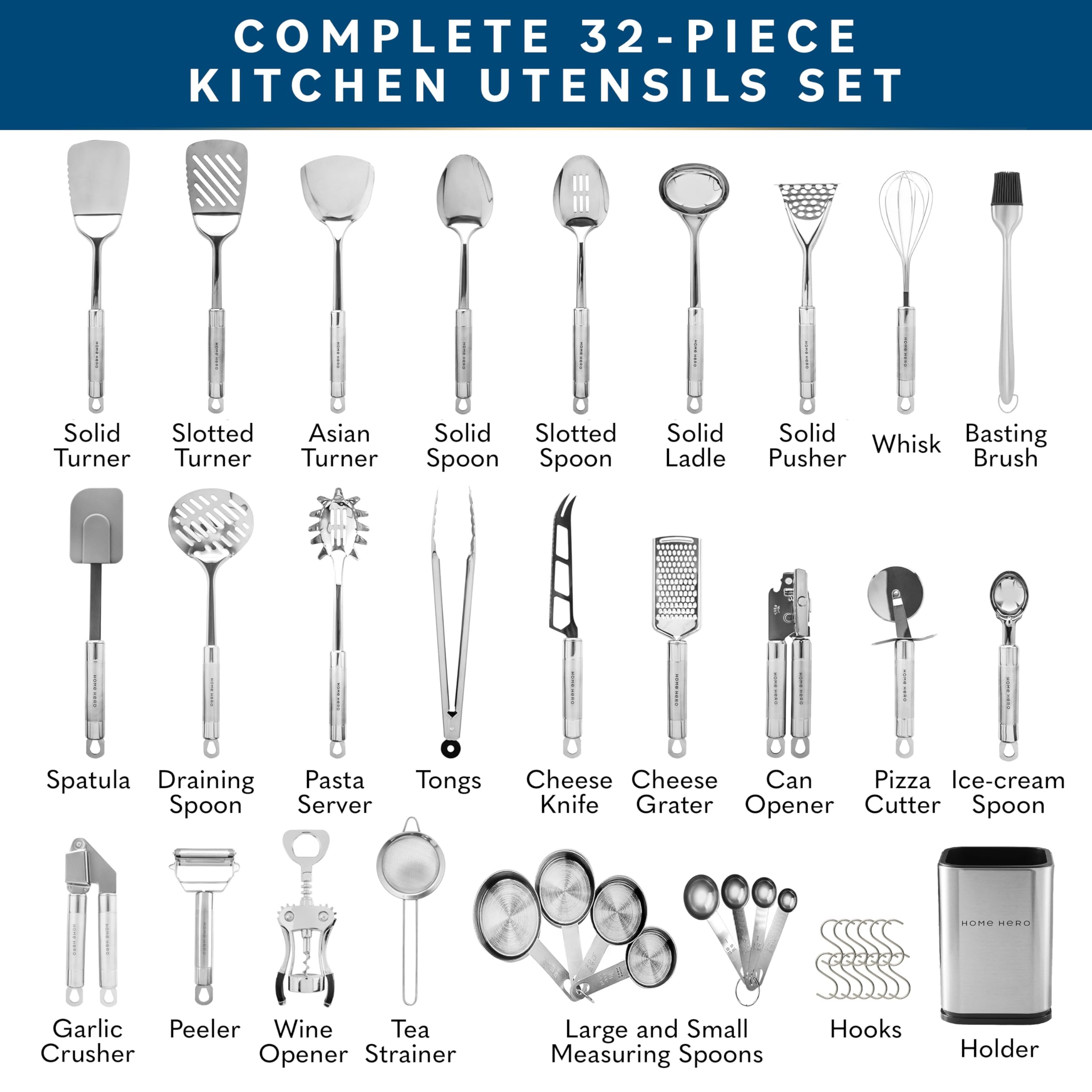 Ensemble Ustensiles De Cuisine Home Hero - 32 Pièces En Inox Antiadhésif - Écumoire, Spatule, Presse-ail, Tasses à Mesurer - Pour Tous Les Chefs à La Maison - 3