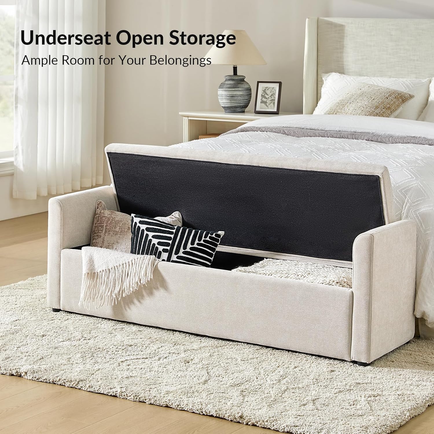 HULALA HOME Modern Storage Bench with Throw Pillows, 59.4" Extra Long Bedroom Ottoman Bench for End of Bed, Comfy Upholstered Footstool for Entryway Living Room Dining Room, Linen