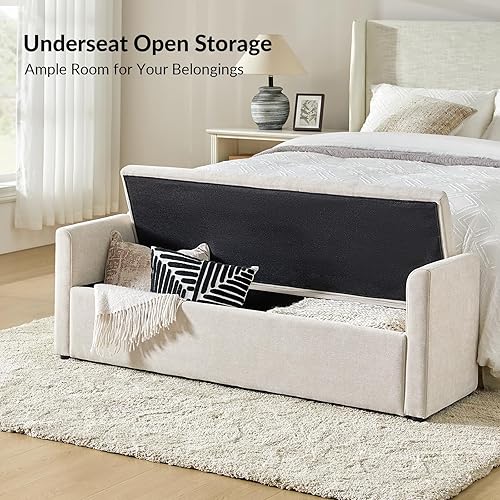Miniatura 3 de HULALA HOME Modern Storage Bench with Throw Pillows, 59.4" Extra Long Bedroom Ottoman Bench for End of Bed, Comfy Upholstered Footstool for Entryway