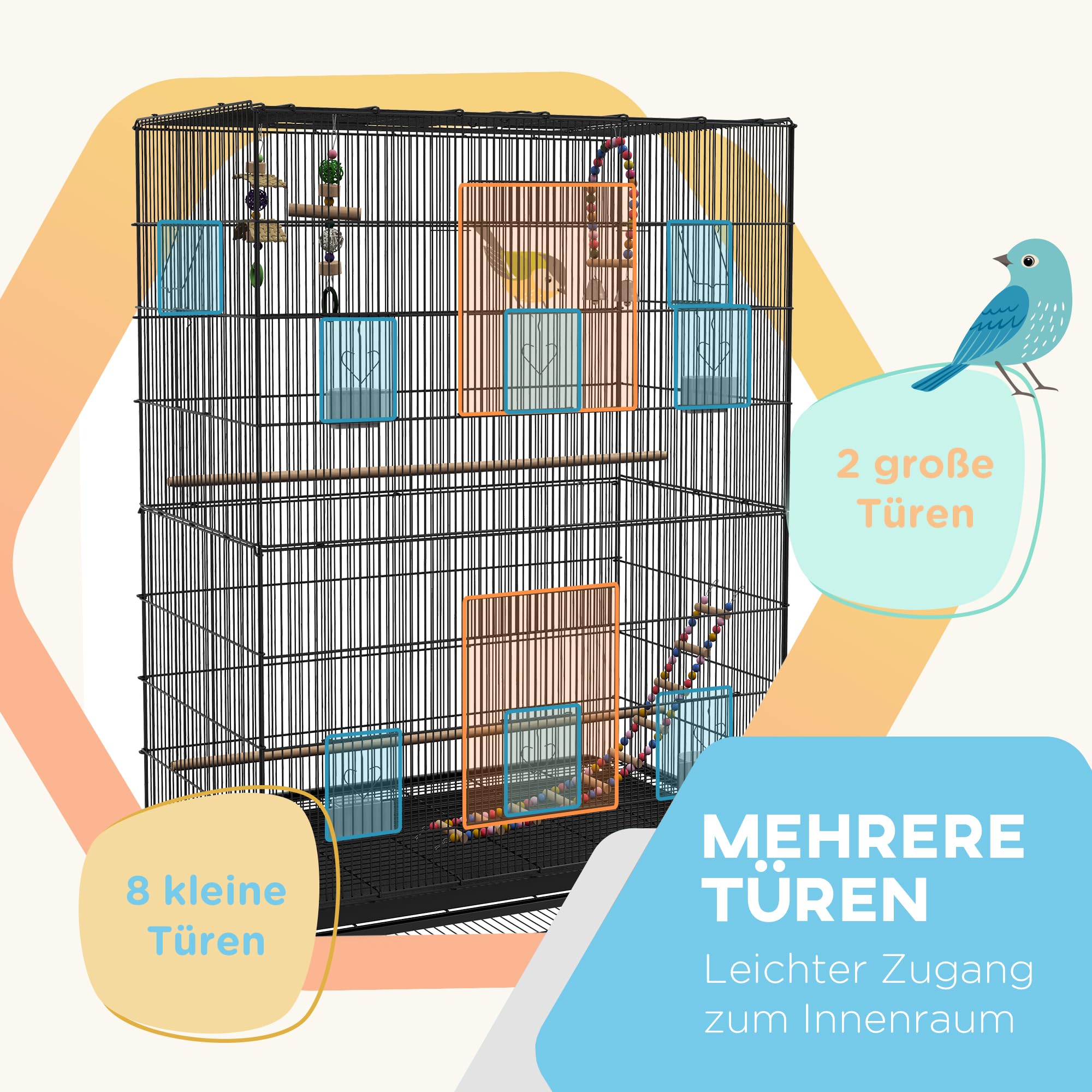 PawHut Vogelkäfig Groß Vogelvoliere mit Sitzstangen, Rollen, Bodenwanne, Metall Vogelhaus mit 2 Türen, Vogelspielzeug, Vogelbauer Wellensittichkäfig Käfig für Vögel, 97 x 58 x 160 cm