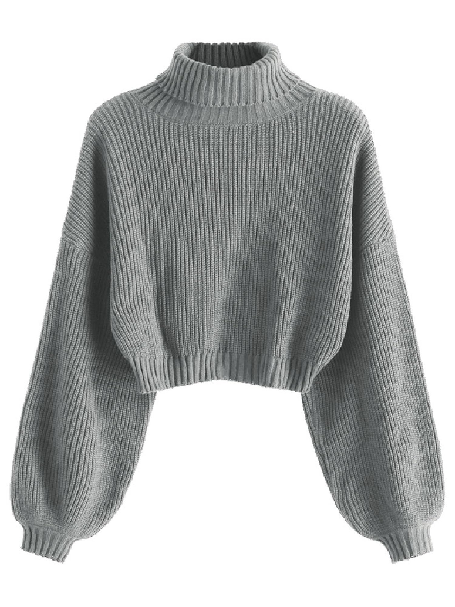 ZAFUL Women's Cropped Turtleneck Sweater Lantern Sleeve Ribbed Knit Pullover Sweater Jumper