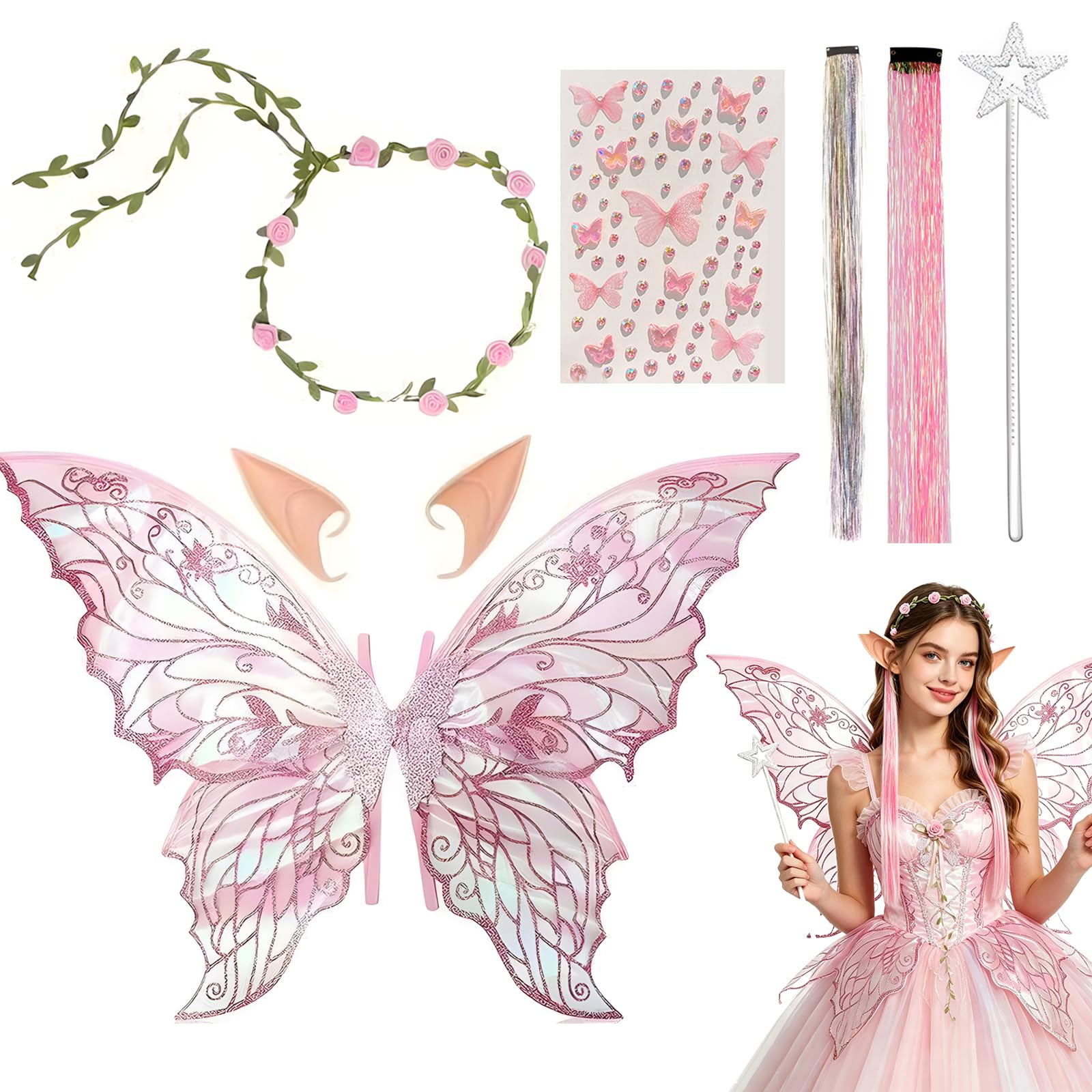 Xazuninsu Pink 6 Pcs Adult Fairy Wings Set Include Butterfly Wings Elf Ears Sparkly Fairy Wand & Flower Headband Stickers And Hair Extensions For Cosplay Party (Pink)