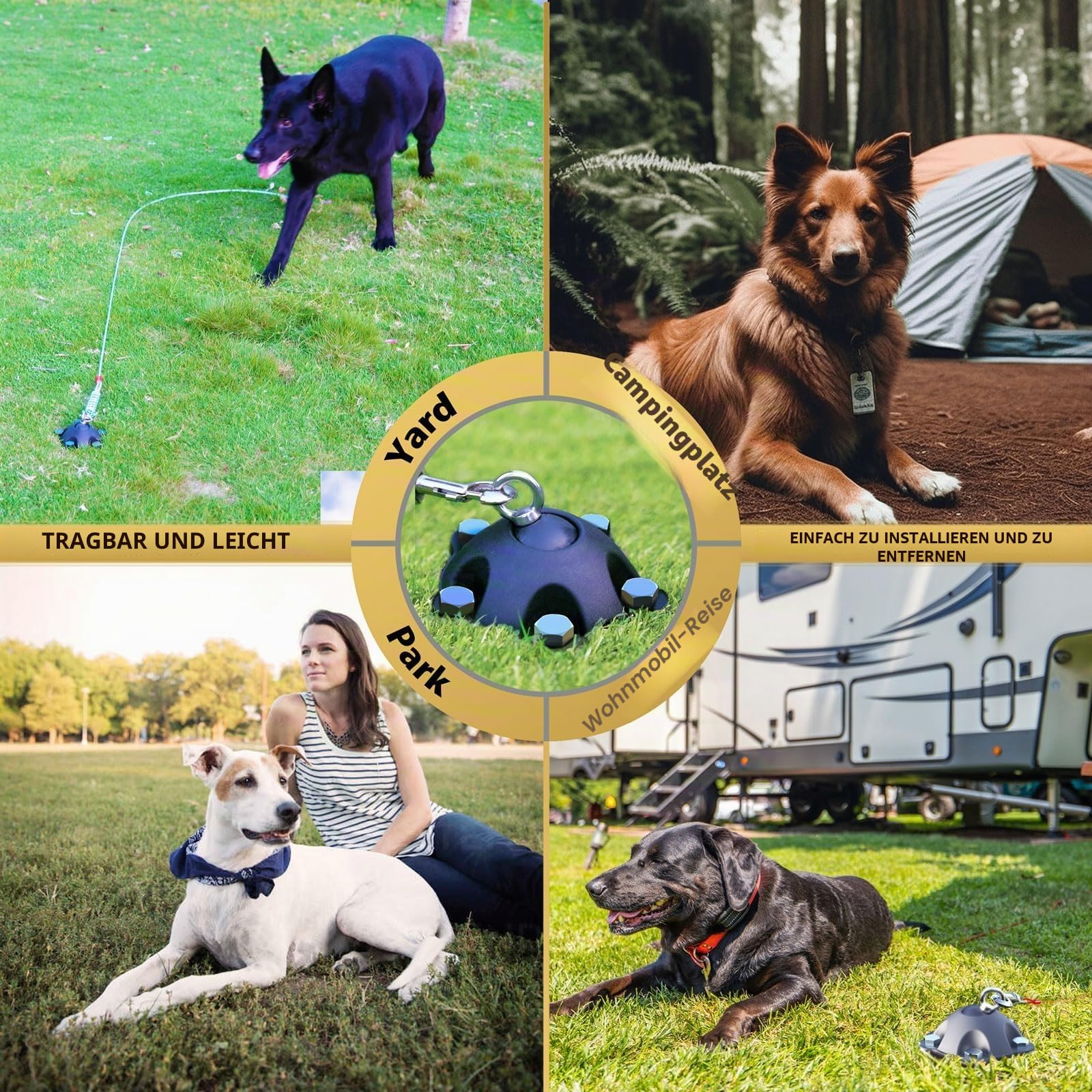 Patentierter 360° drehbarer Hundeanker für kleine bis große Hunde bis zu 68 kg – Hundeleinenpfahl mit 5 starken Haltegurten hält 453,6 kg Zugkraft (Pfahl mit 30 Kabeln)