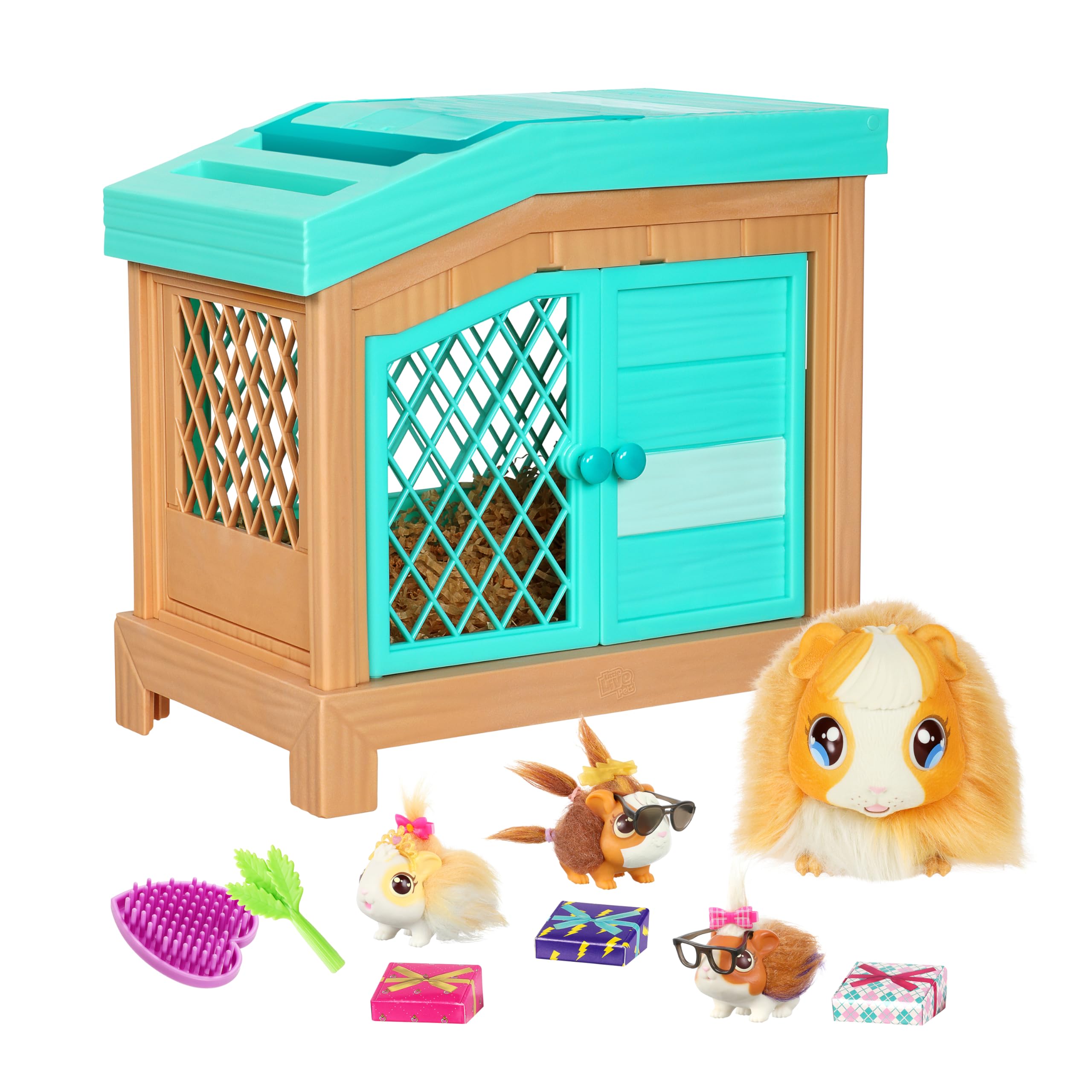 Little Live PetsMama Surprise Guinea Pig Plush Toy, Interactive Stuffed Guinea Pig Hutch and 3 Babies, Animal Plush with 20+ Sounds, Toys for Ages 4+
