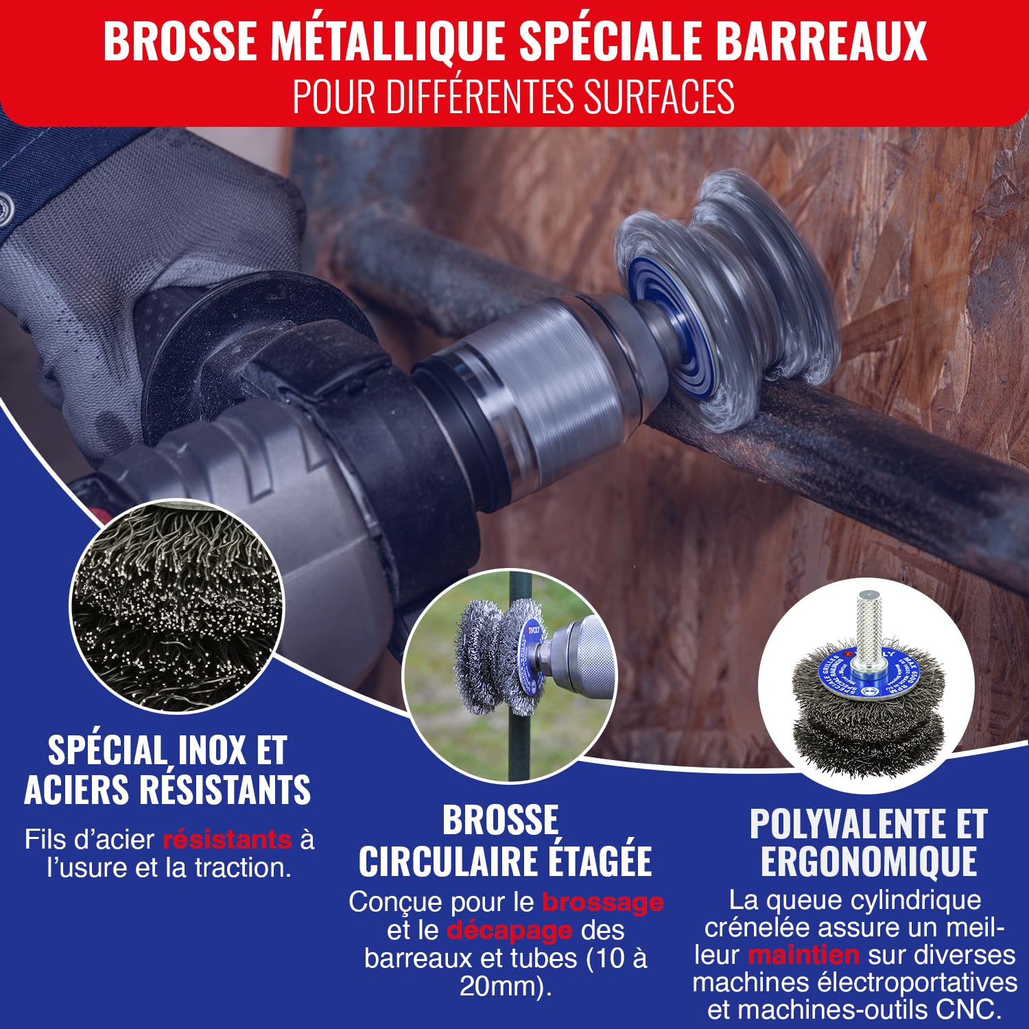 TIVOLY - Brosse Métallique en Acier Ondulé pour Perceuse - Pour Décapage Barreaux & Tubes en Métal Ø10-20 mm - Attachement Anti-Rotation