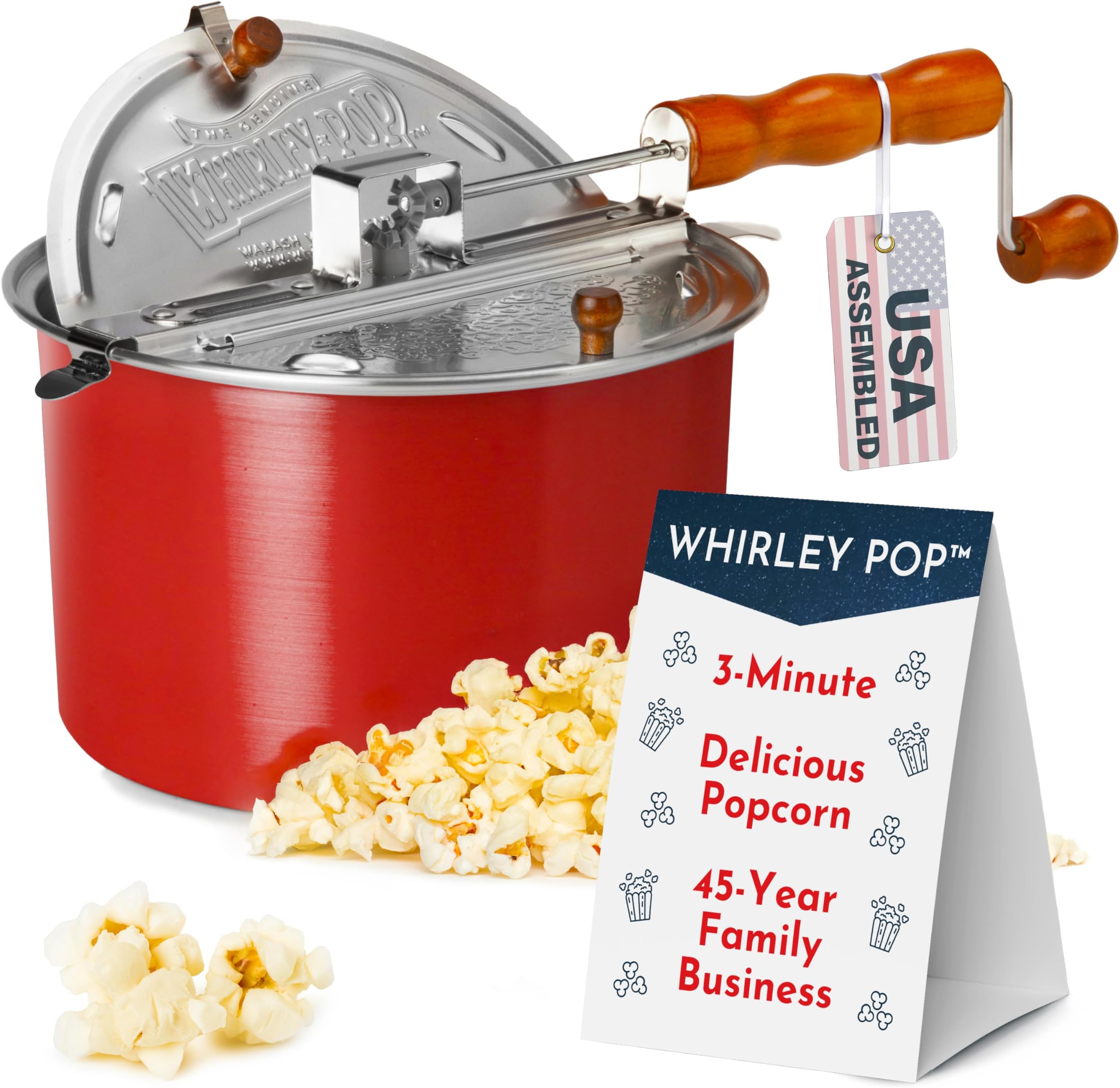 Wabash Valley Farms Original Whirley Pop Popcorn Maker - 6 Quart Aluminum Popper With Metal Gears, Stove Top Gourmet Pot (Red)