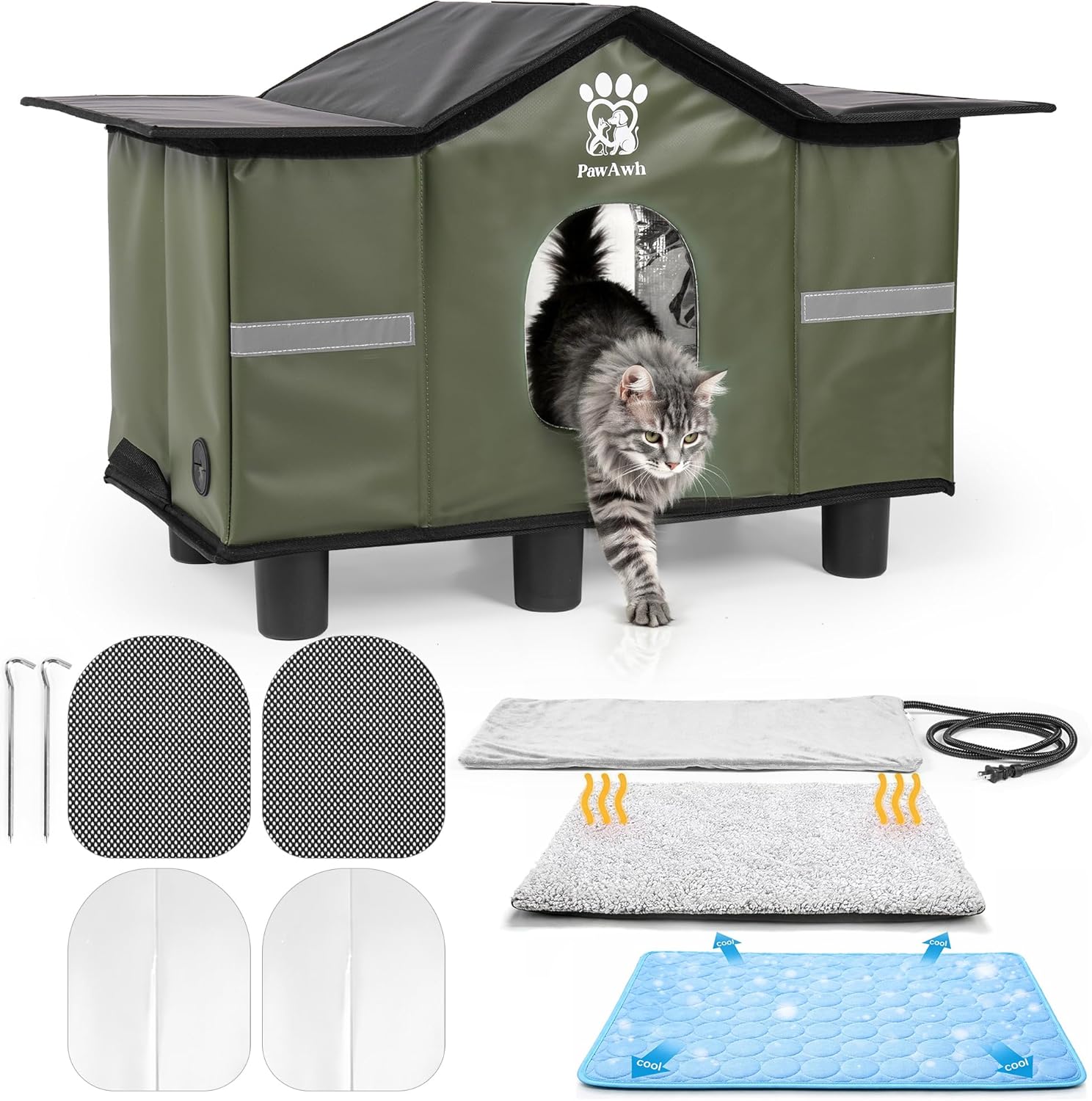Insulated Outdoor Cat House with Self Warming & Self Cooling Mat – Waterproof Stray & Feral Shelter with Breathable Mesh Door & Elevated Plastic Base for Stray/Barn Cat | Easy Assembly