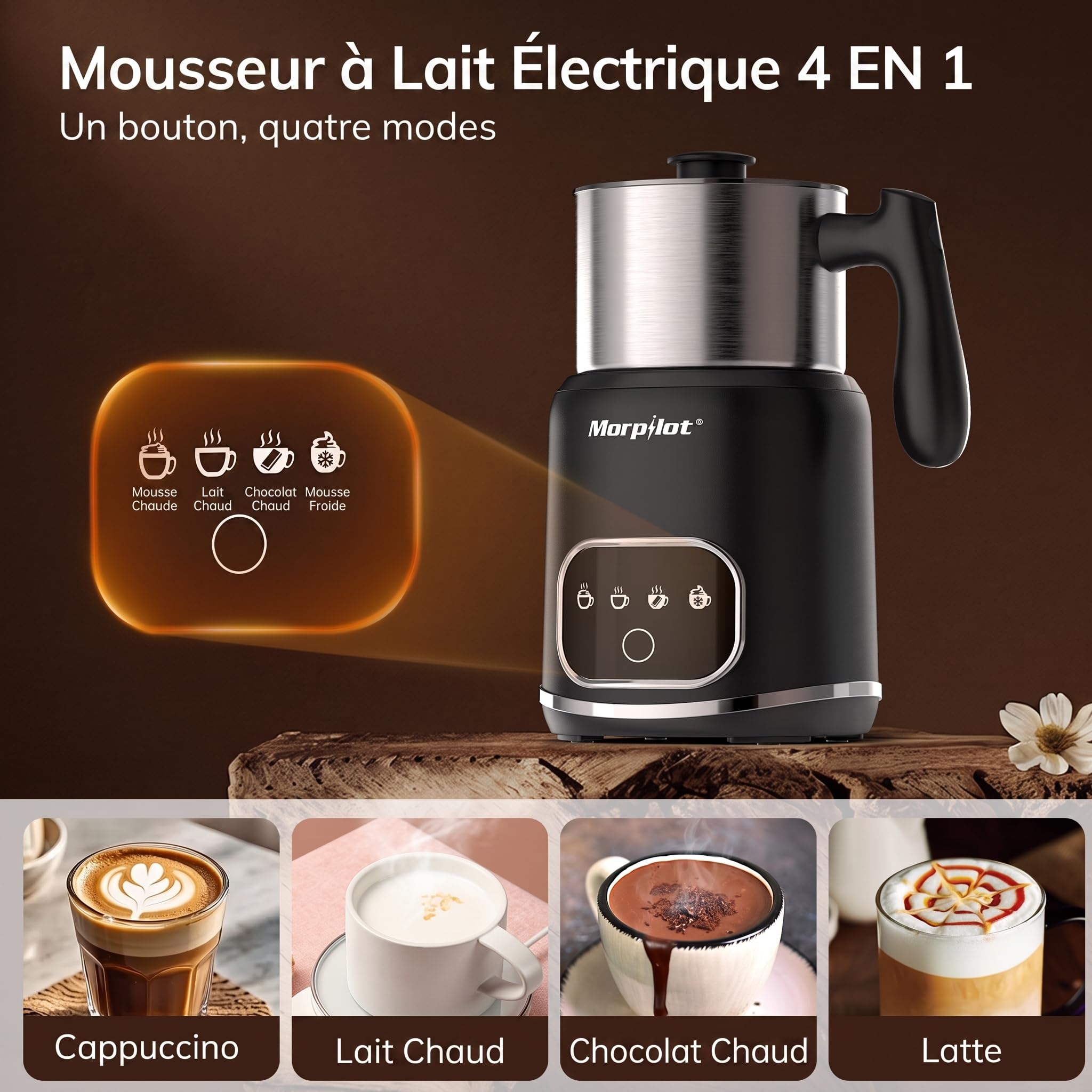 Morpilot Mousseur à Lait Électrique 4-en-1, Grande Capacité 600ml, Mousse Chaude/Froide et Lait Chaud, Milk Frother en Acier Inox avec Design Détachable pour Cappuccino, Latte, Macchiato