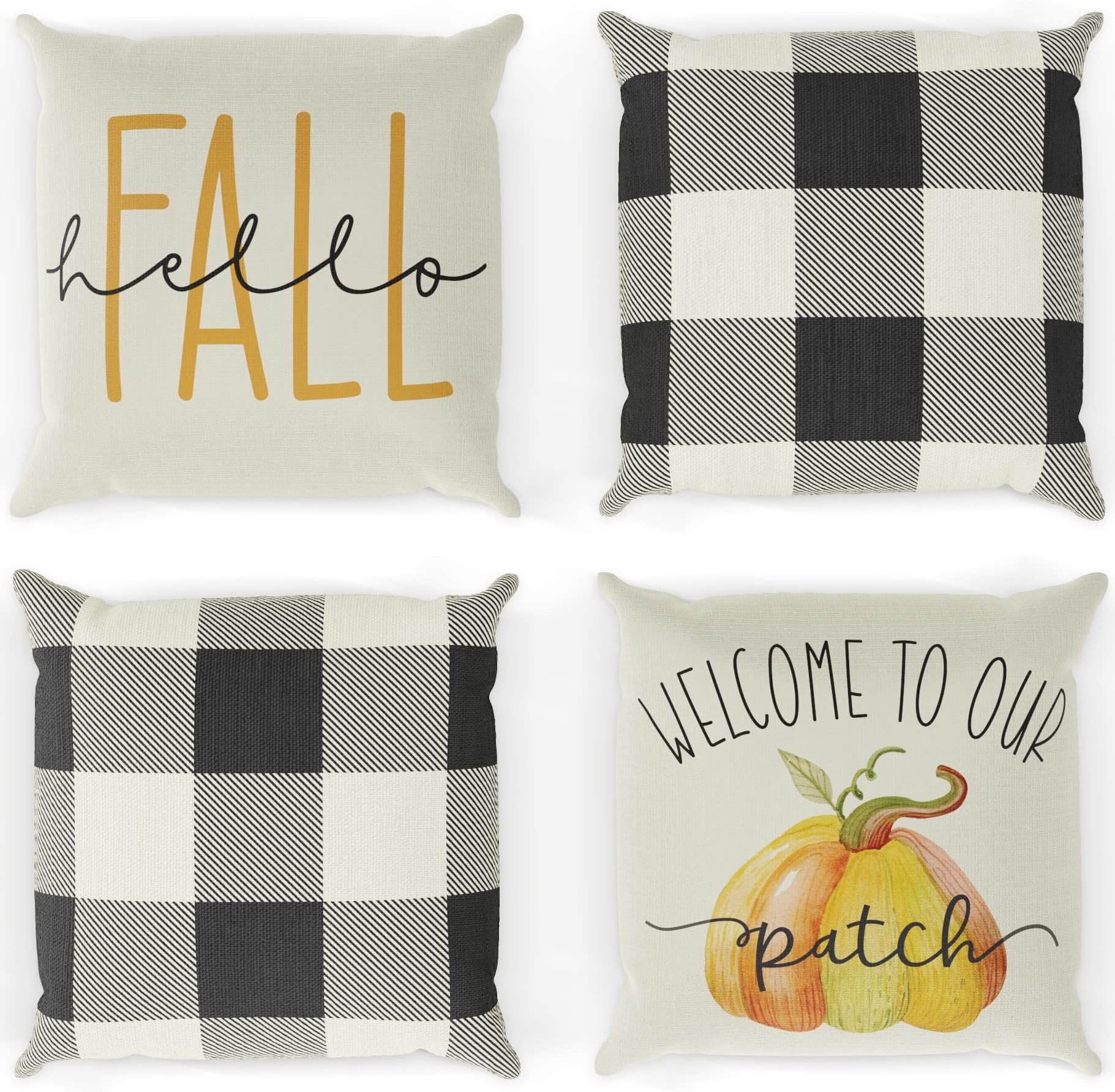 Beautiful Fall Pillow Covers 18" x 18" - Four Modern Buffalo Plaid Farmhouse Design Throw Pillow Covers - These Pumpkin Decor Accents Are The Perfect Addition to Your Indoor/Outdoor Home Decoration