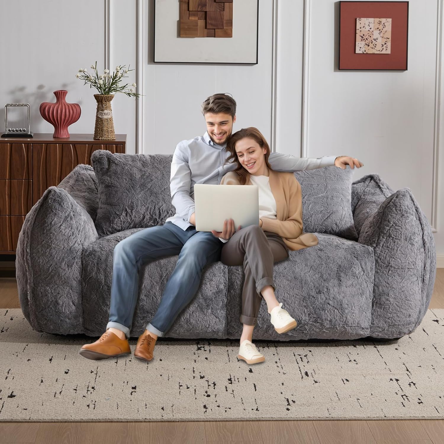 Alpen 75" Couch Loveseat, Boneless Sofas with Armrests, Faux Rabbit Fur Fabric Couches with Tufted Cushion & Backrest, Sofa in a Box, Large Bean Bag Chair for Bedroom Living Room, Grey