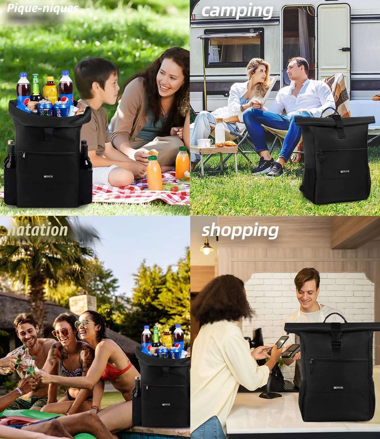 DEWUR Sac à dos isotherme 20 l - Sac à dos isotherme - Sac isotherme - Sac à dos de pique-nique étanche avec décapsuleur - Pour pique-nique, camping, plage, randonnée, voyage, shopping