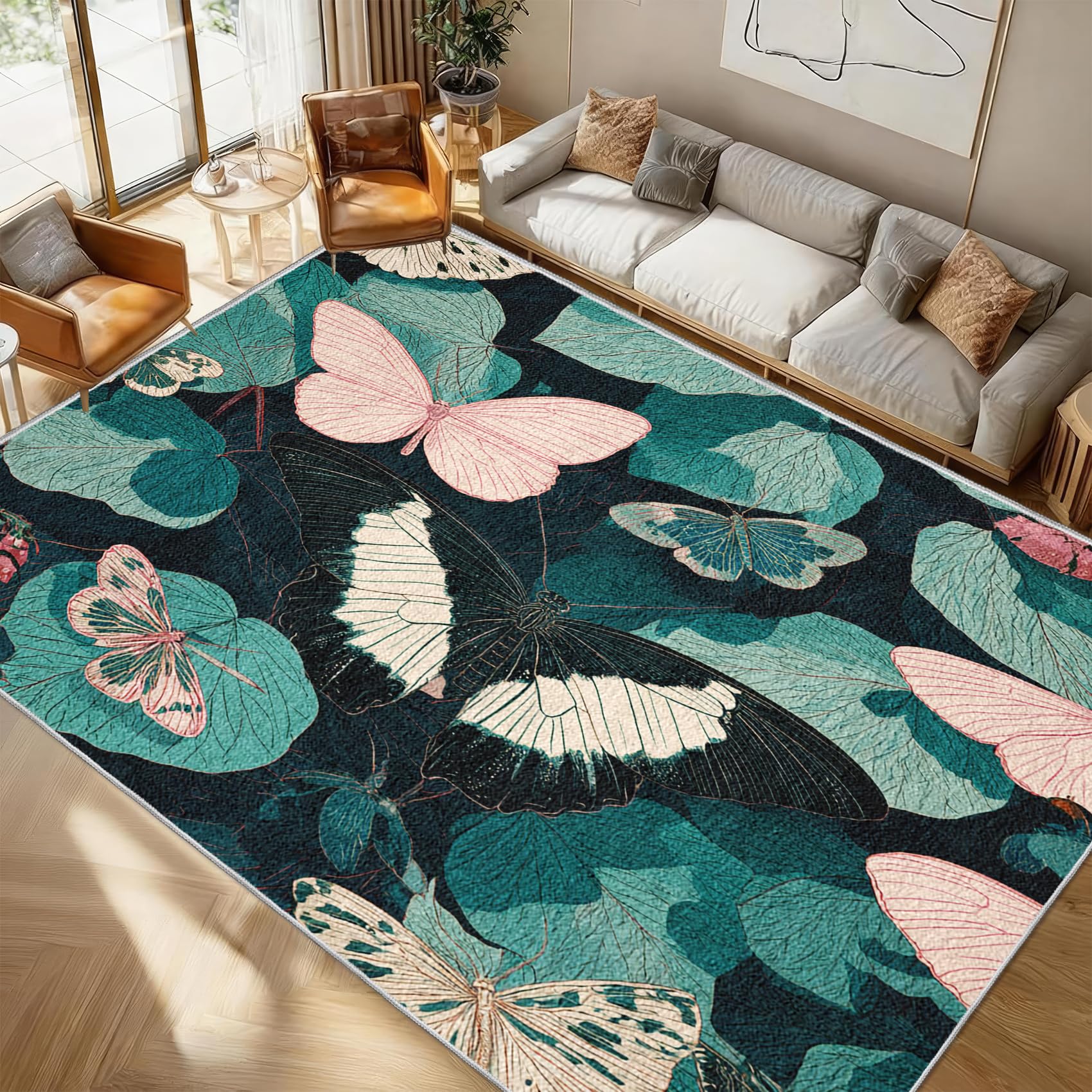 Tapis papillon turquoise doux à poils ras pour créer un coin lecture fille