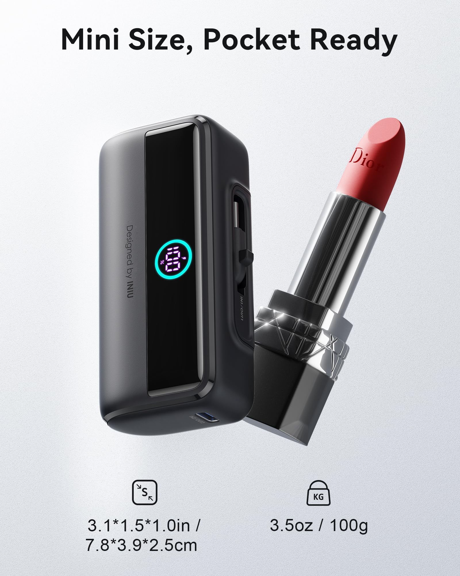 INIU Mini powerbank z szybkim ładowaniem, powerbank 5500 mAh, 22,5 W, wbudowany składany łącznik USB-C, zewnętrzny powerbank LED, kompatybilny z iPhone 16, Samsung S22/23 i innymi