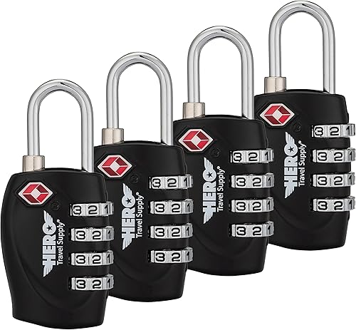 Hero - Candado de equipaje (paquete de 4) aprobado por la TSA, candado de combinación de cuatro dígitos para viajes, maletas, taquillas, mochilas