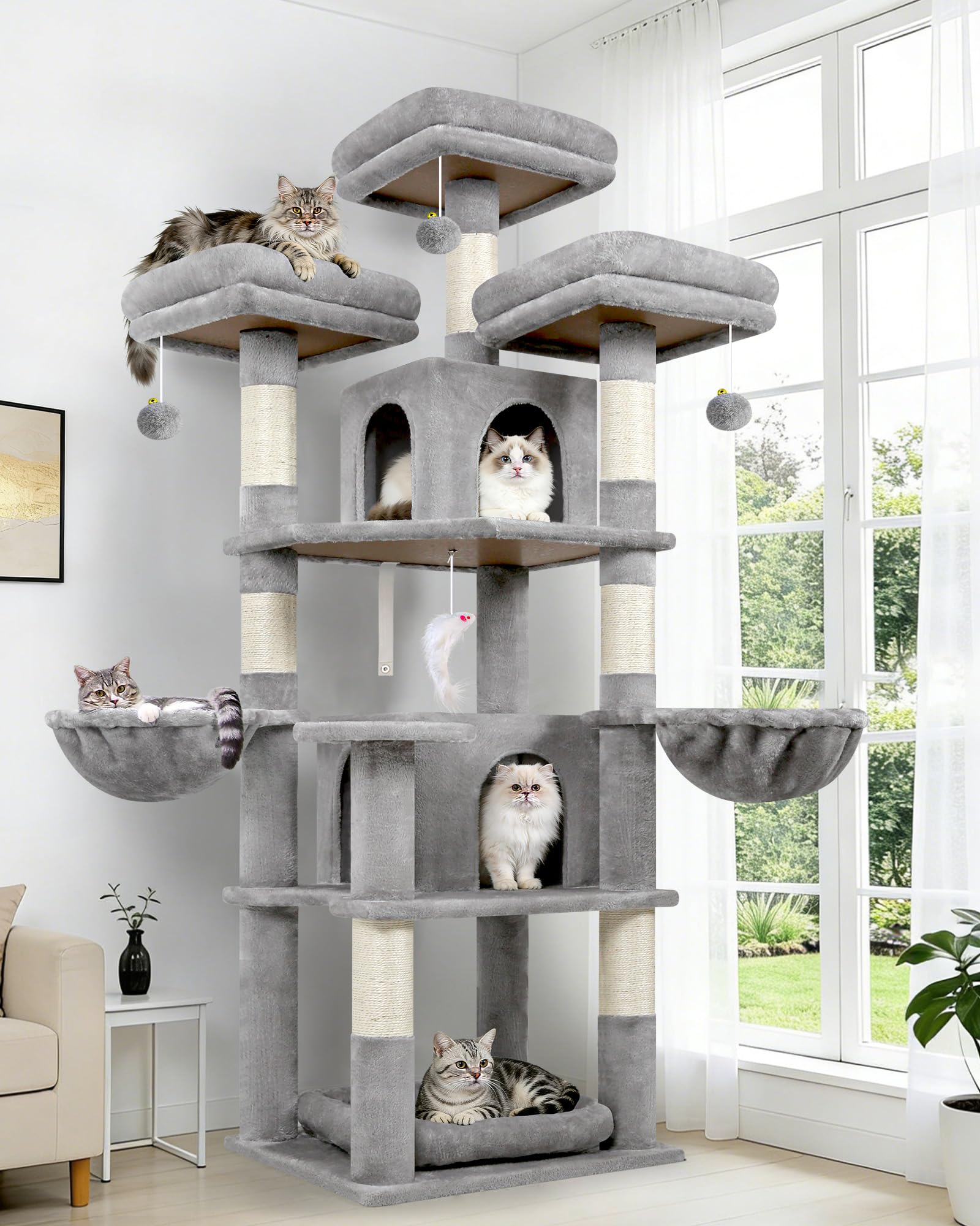 Globlazer Cat Tree for 2-4 Cats Indoor, Large Cat Tower 174 cm with 3 Top Perches, 2 Caves, 2 Basket, Removable Pet Bed, 7 Scratching Posts, Stable Cat Tree for Multiple Cats (F68B, ‎Light Grey)