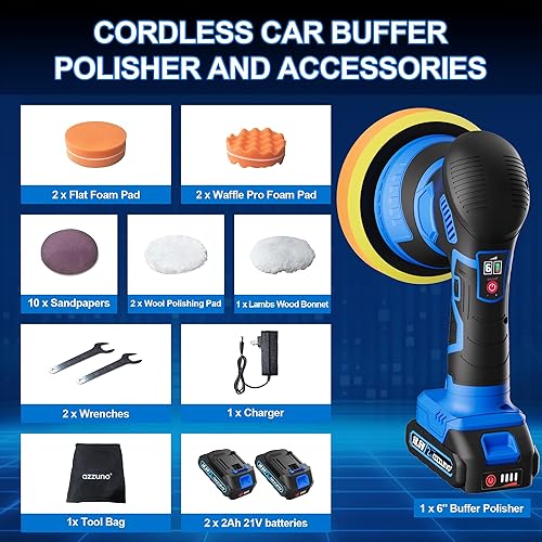Miniatura 8 de AZZUNO Pulidora inalámbrica para automóvil, 2 baterías de 2 Ah 21 V, kit de cera de 6 pulgadas, 6 velocidades variables, 5500 RPM, 5 tipos de