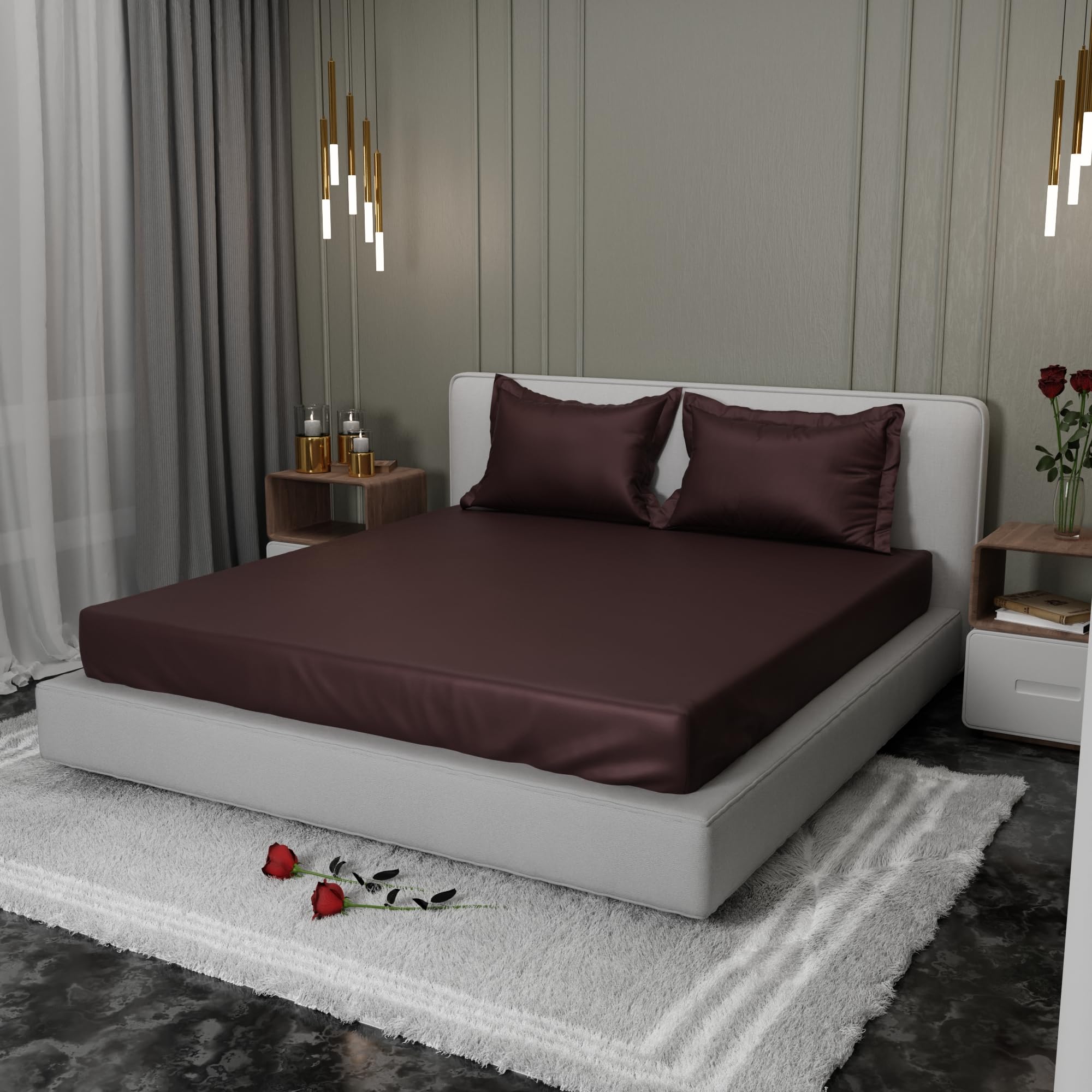 Stoa Paris King Size Fitted Bedsheet with 2 Pillow Covers, 300TC Satin Premium Bedding Set, Wedding Gift for Couple, Housewarming, Date Night - Hot Chocolate