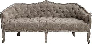 Creative Co-Op Bouclé Pintucked Sofa with Hand-Carved Mango Wood Frame, Brown and Antique Grey